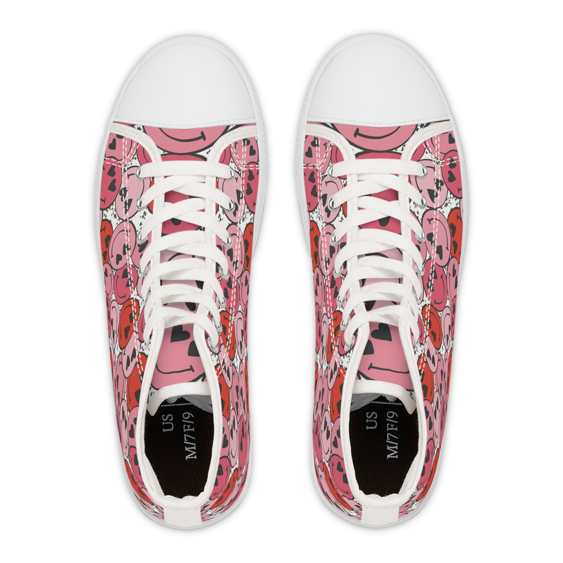 Smiley Face x Heart Eyes II Pink and Red Women's High Top Sneakers, Artsulli - Art is Long, Life is Short, Shoes, , , , , , , 