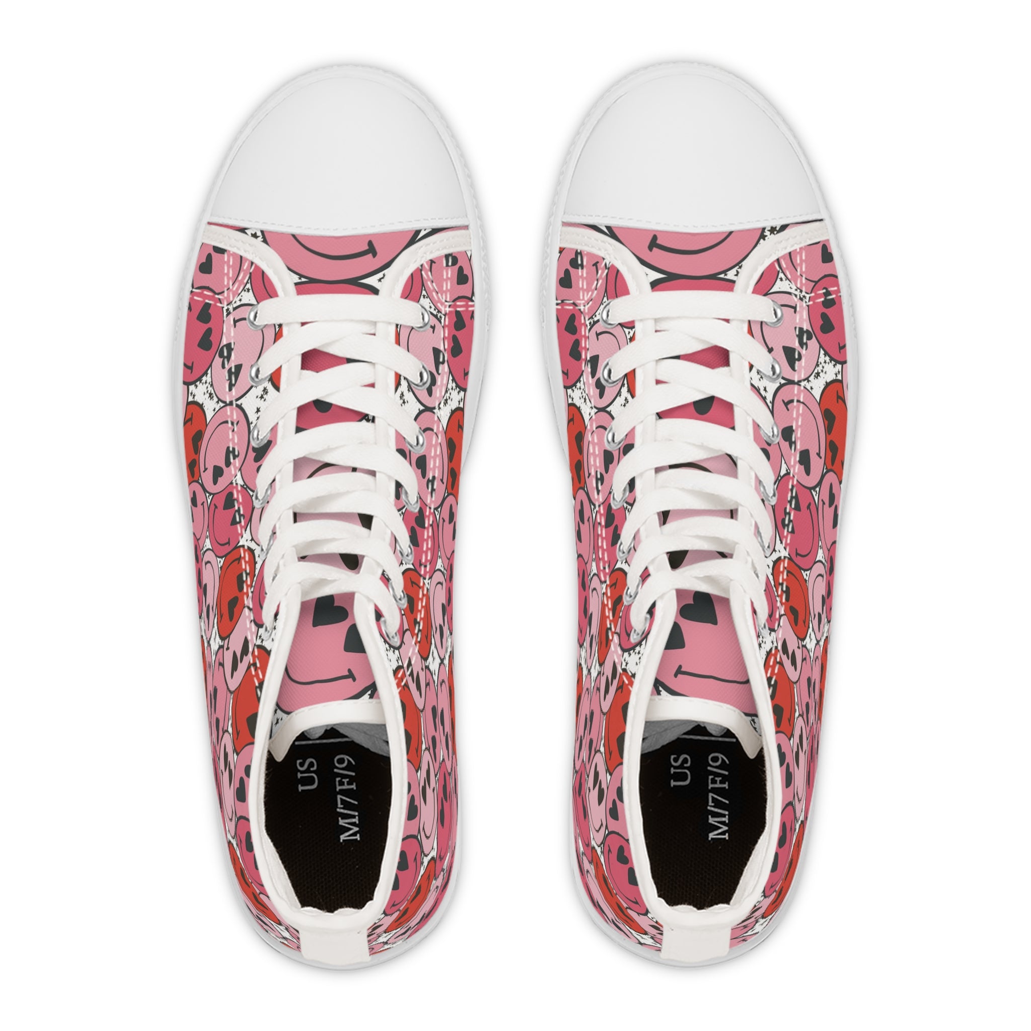 Smiley Face x Heart Eyes II Pink and Red Women's High Top Sneakers, Artsulli - Art is Long, Life is Short, Shoes, , , , , , , 