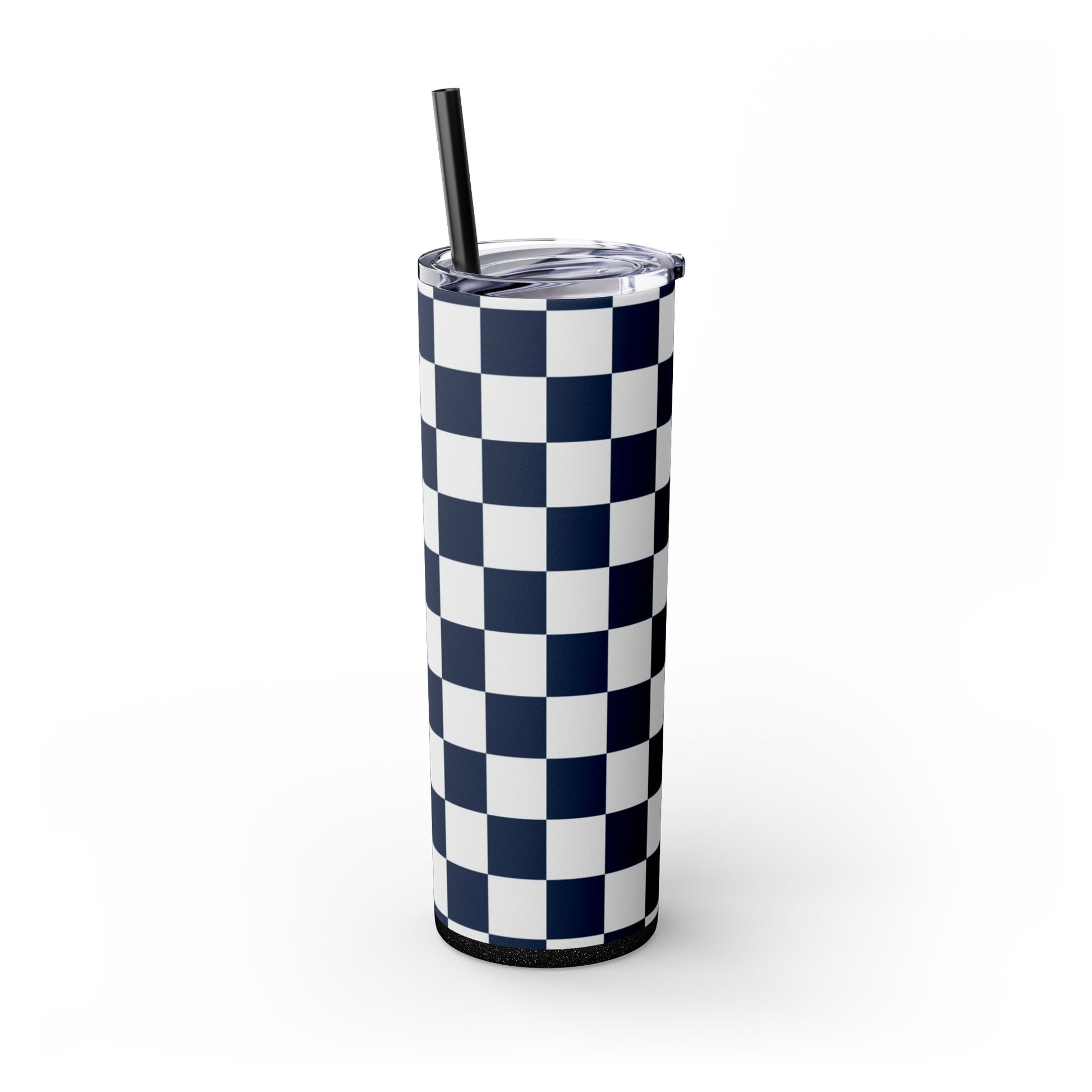 Checkerboard White and Navy Blue Skinny Tumbler with Straw, 20oz, Artsulli - Art is Long, Life is Short, Mug, , , , , , , 