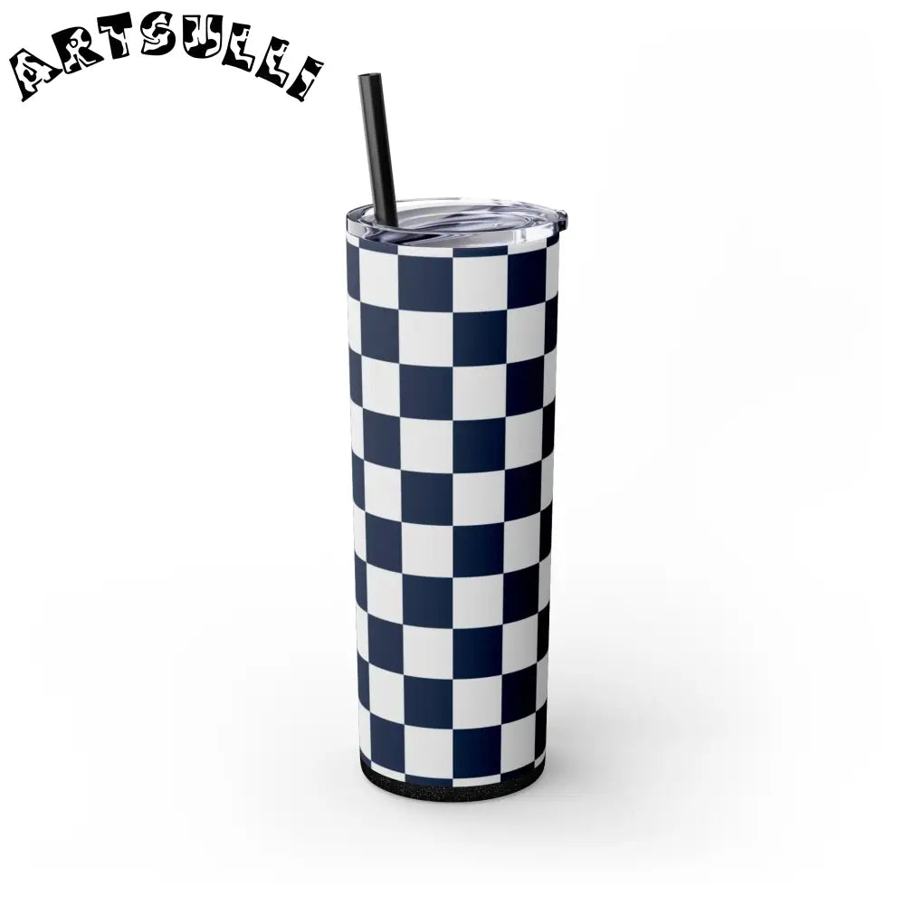 JAKKOUTTHEBXX Checkerboard White and Navy Blue Skinny Tumbler