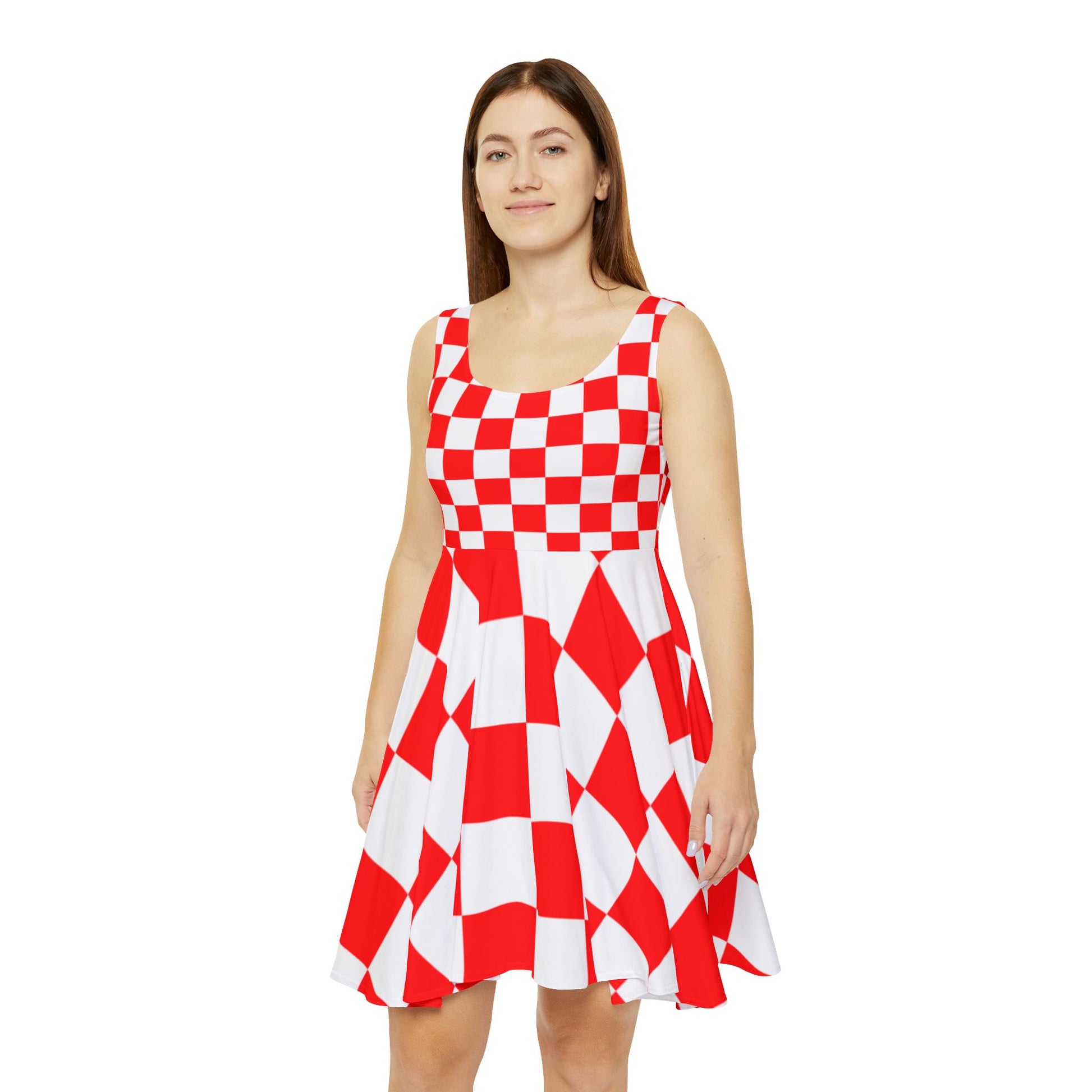 Checkerboard Red and White Women's Skater Dress (AOP), Artsulli - Art is Long, Life is Short, All Over Prints, , , , , , , 
