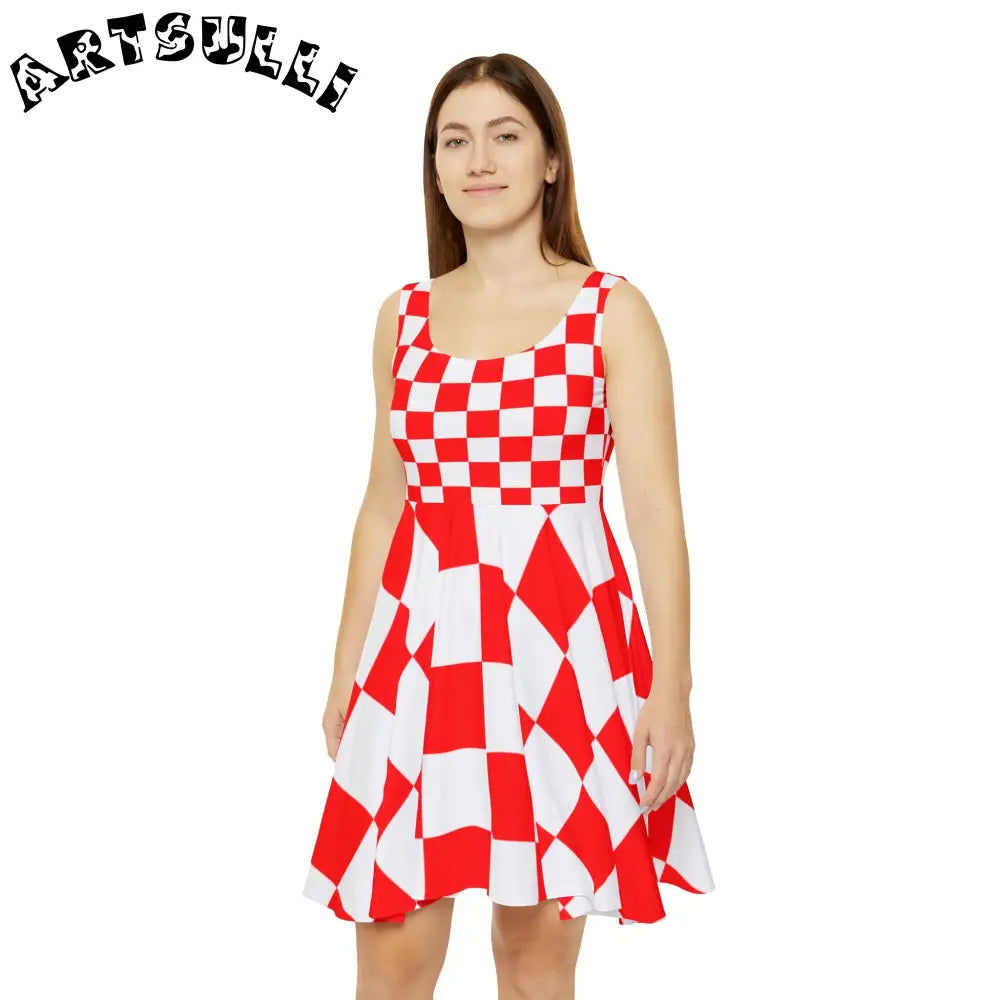 JAKKOUTTHEBXX Checkerboard Red and White Women’s Skater Dress (AOP)
