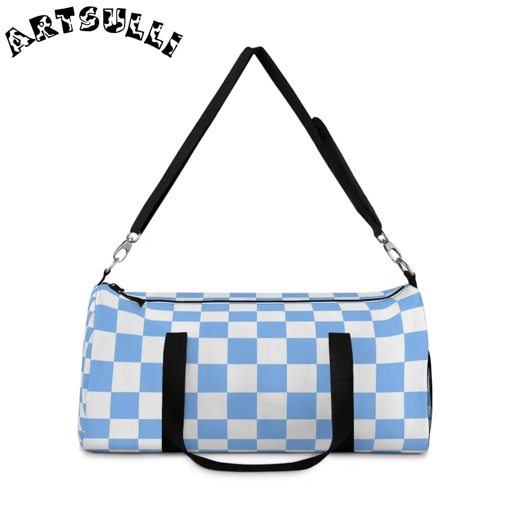 JAKKOUTTHEBXX Checkerboard White and Light Blue Duffel Bag