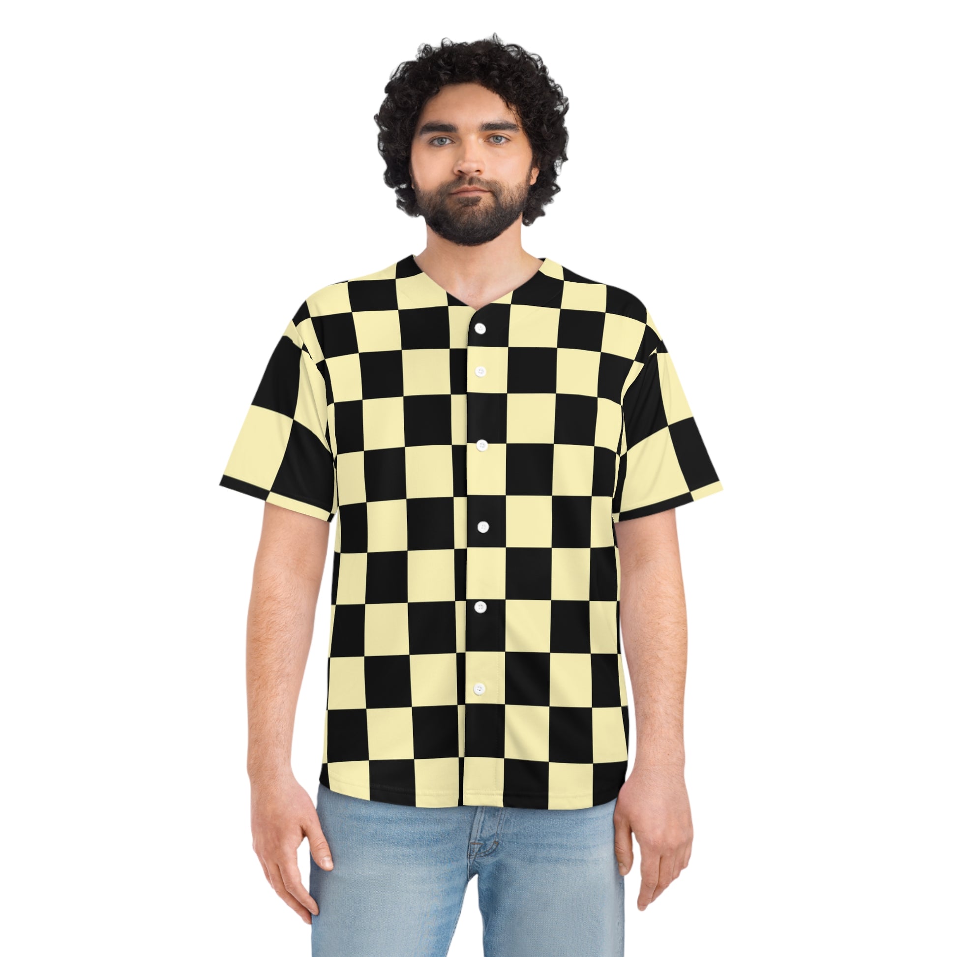 Checkerboard Black and Yellow Men's Baseball Jersey (AOP), Artsulli - Art is Long, Life is Short, All Over Prints, , , , , , , 