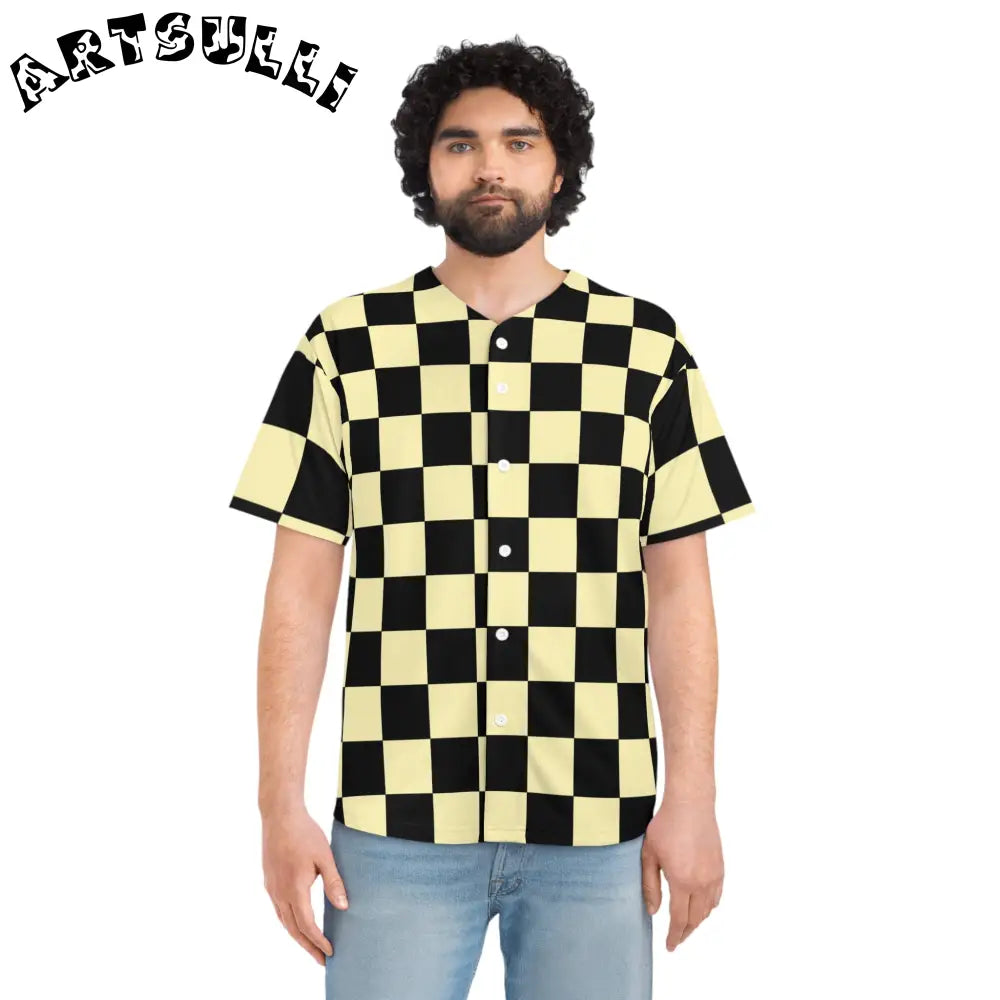 JAKKOUTTHEBXX Checkerboard Black and Yellow Men’s Baseball Jersey