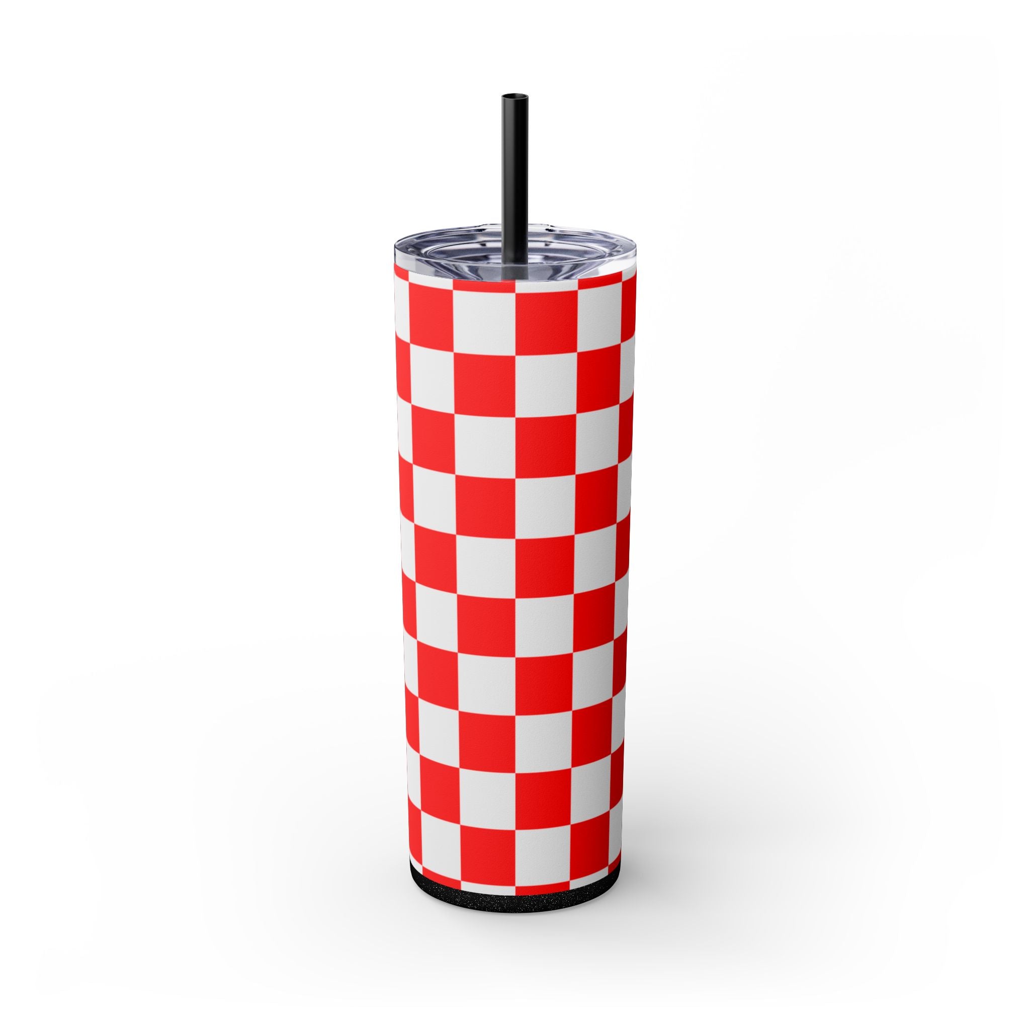 Checkerboard Red and White Skinny Tumbler with Straw, 20oz, Artsulli - Art is Long, Life is Short, Mug, Finish, Glossy, Color, Glitter Black, Size, 20oz, 22838549830560800415