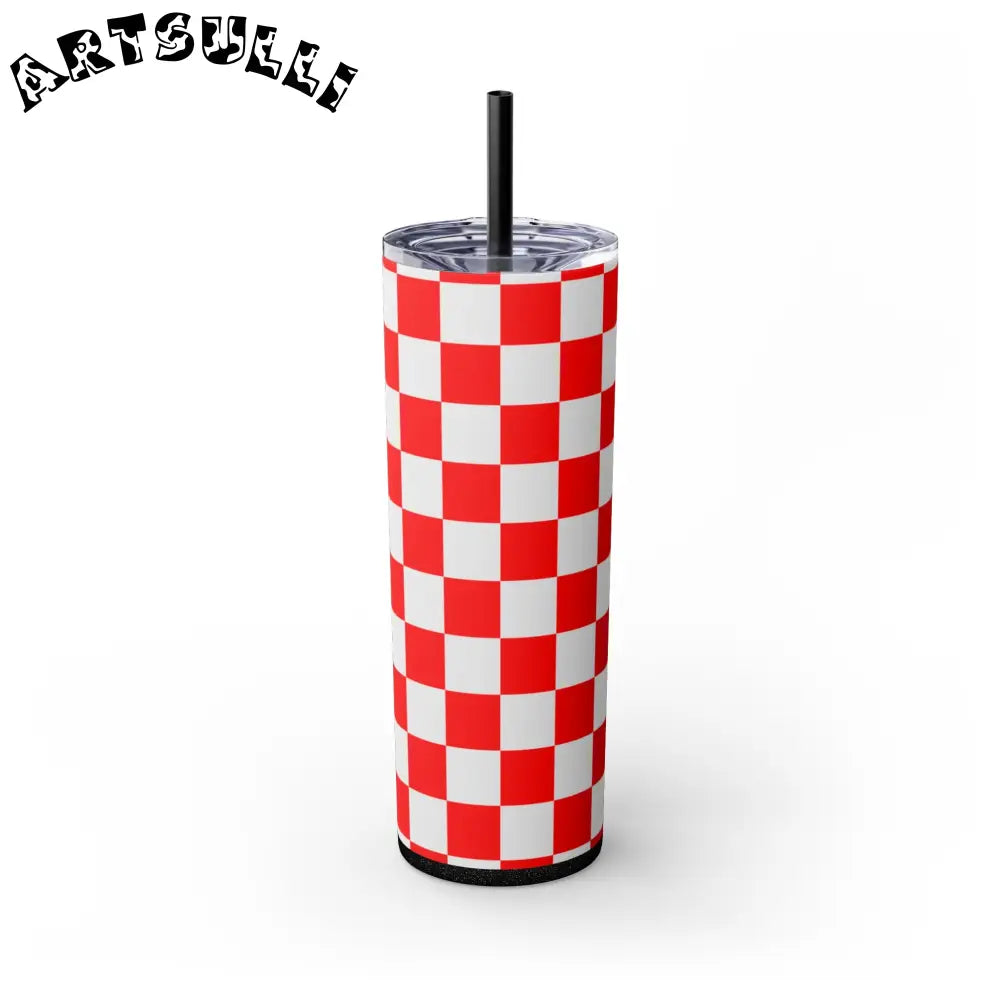 JAKKOUTTHEBXX Checkerboard Red and White Skinny Tumbler with Straw