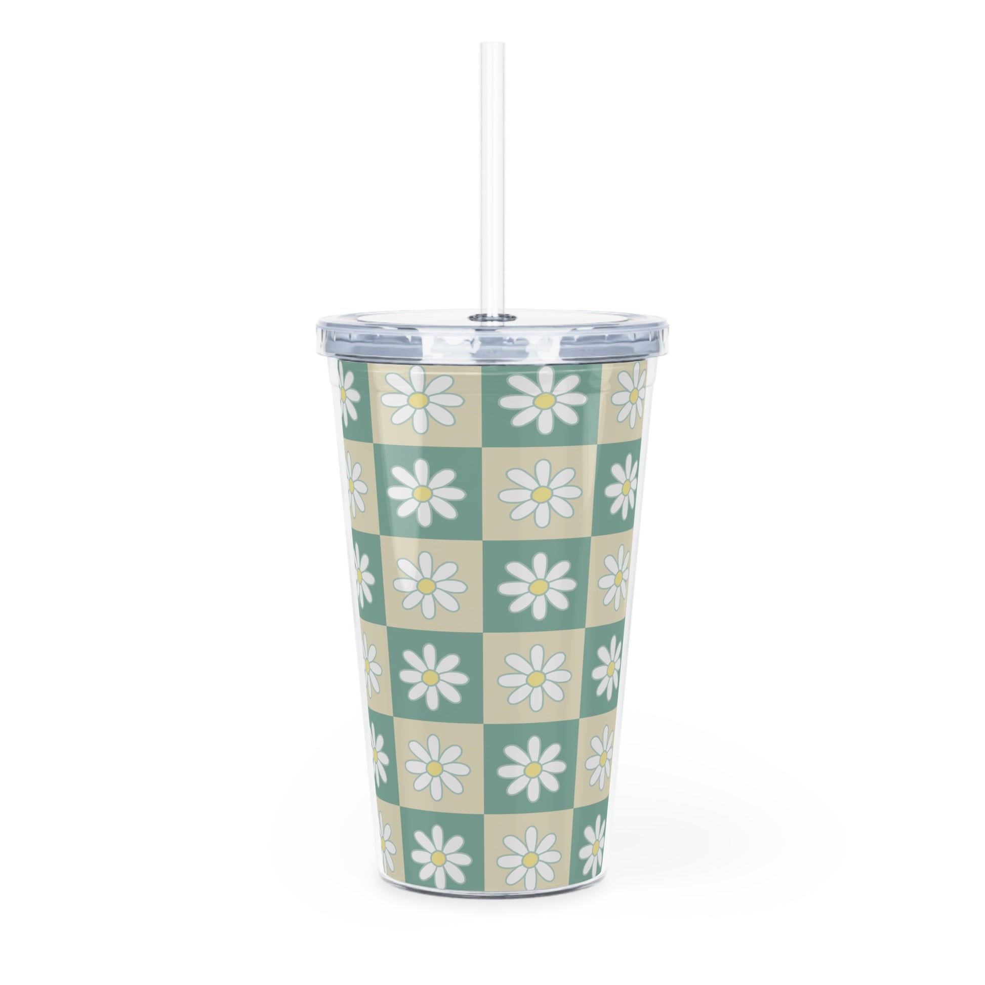 Retro Daisy Grid Plastic Tumbler with Straw, Artsulli - Art is Long, Life is Short, Mug, , , , , , , 