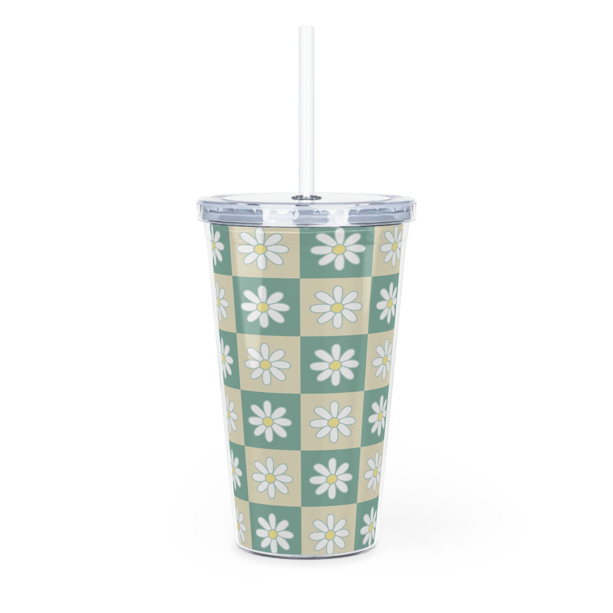 Retro Daisy Grid Plastic Tumbler with Straw, Artsulli - Art is Long, Life is Short, Mug, , , , , , , 
