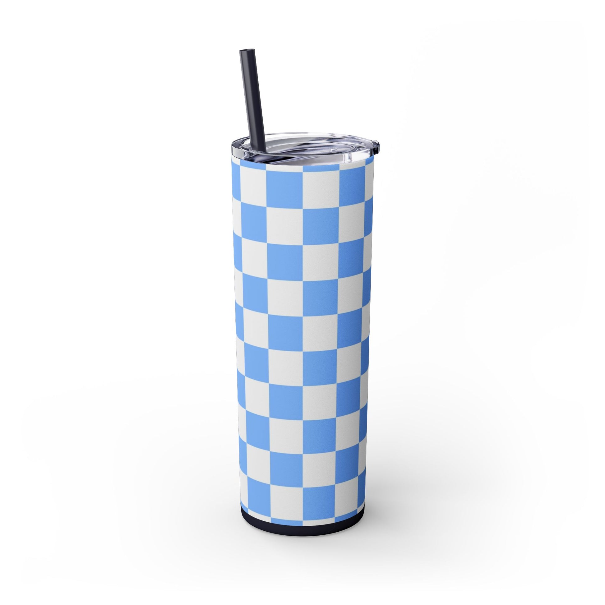 Checkerboard White and Light Blue Skinny Tumbler with Straw, 20oz, Artsulli - Art is Long, Life is Short, Mug, , , , , , , 