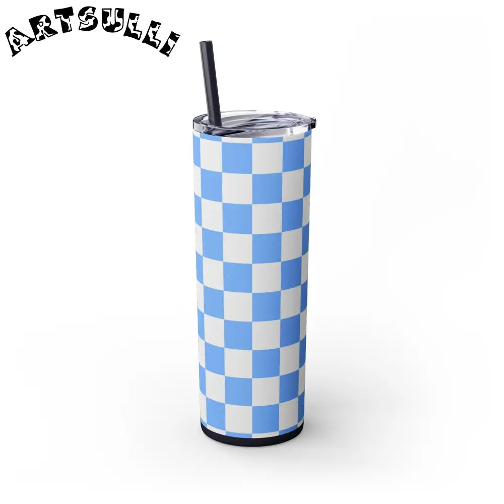 JAKKOUTTHEBXX Checkerboard White and Light Blue Skinny Tumbler