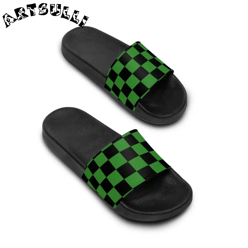 JAKKOUTTHEBXX Checkerboard Green and Black Men’s Slide Sandals