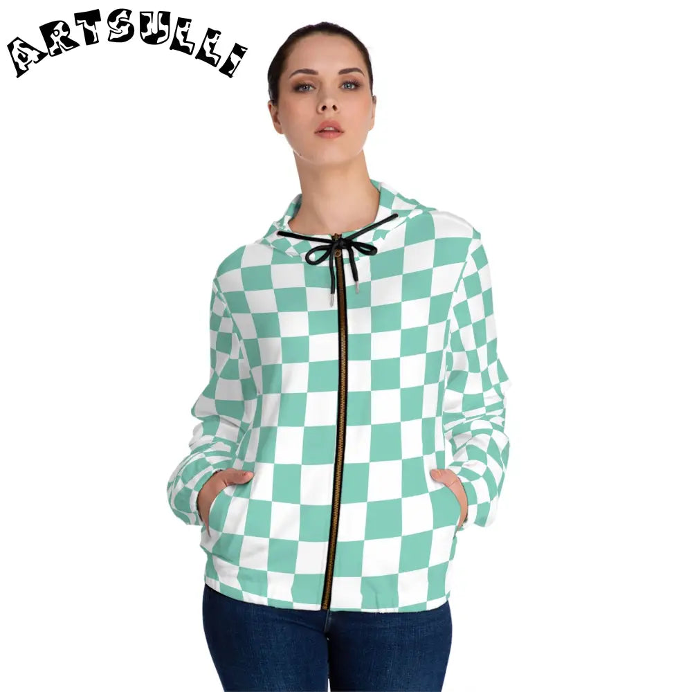 JAKKOUTTHEBXX Checkerboard Light Green Women’s Full-Zip Hoodie (AOP)