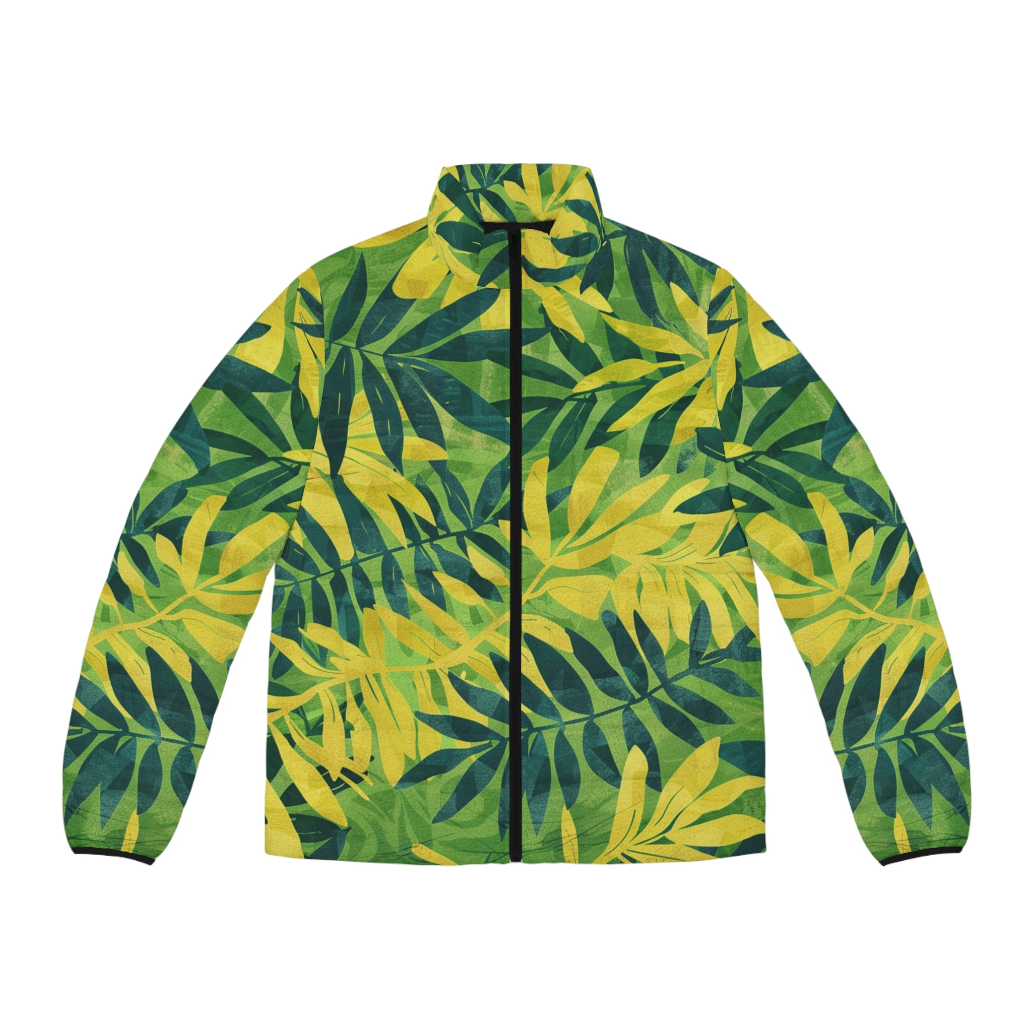 Green Leaf x Yellow Leaf x Tropical x Jungle Men's Puffer Jacket (AOP), Artsulli - Art is Long, Life is Short, All Over Prints, Size, S, Color, Black zipper, , , 29829883240973350645