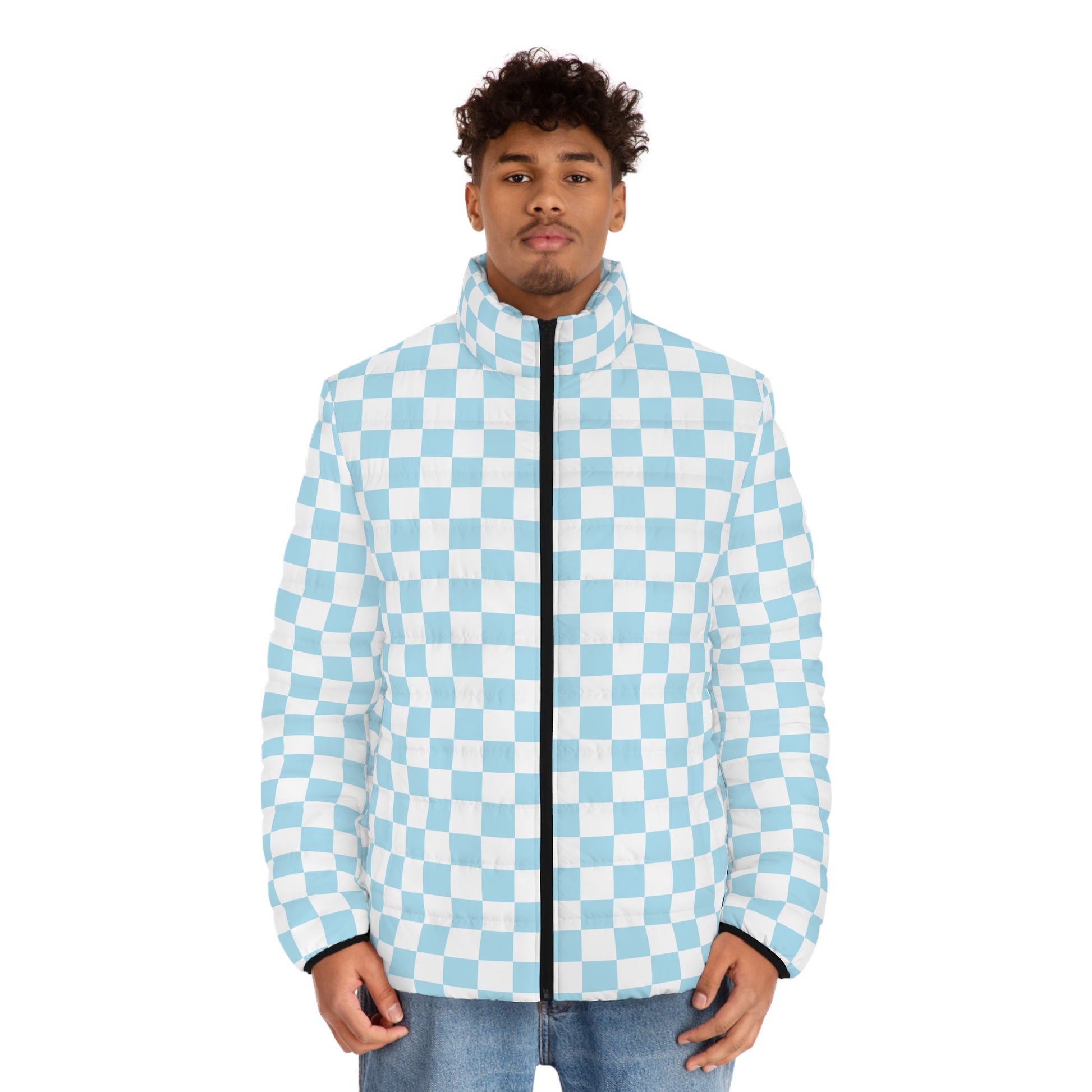 Checkerboard Sky Blue Men's Puffer Jacket (AOP), Artsulli - Art is Long, Life is Short, All Over Prints, , , , , , , 