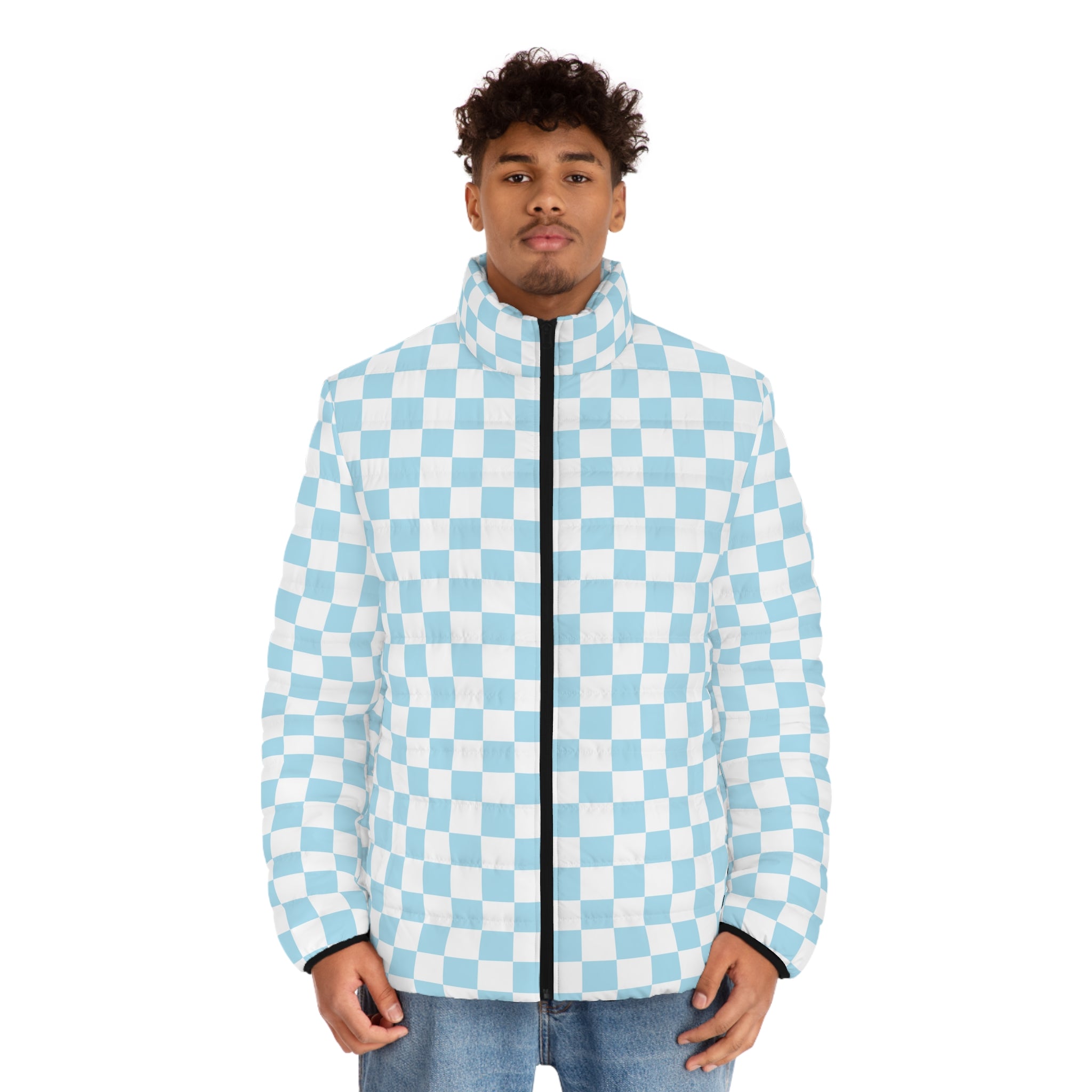 Checkerboard Sky Blue Men's Puffer Jacket (AOP), Artsulli - Art is Long, Life is Short, All Over Prints, , , , , , , 