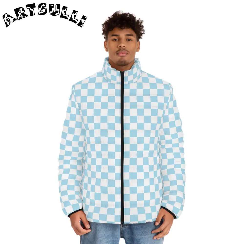 JAKKOUTTHEBXX Checkerboard Sky Blue Men’s Puffer Jacket (AOP)