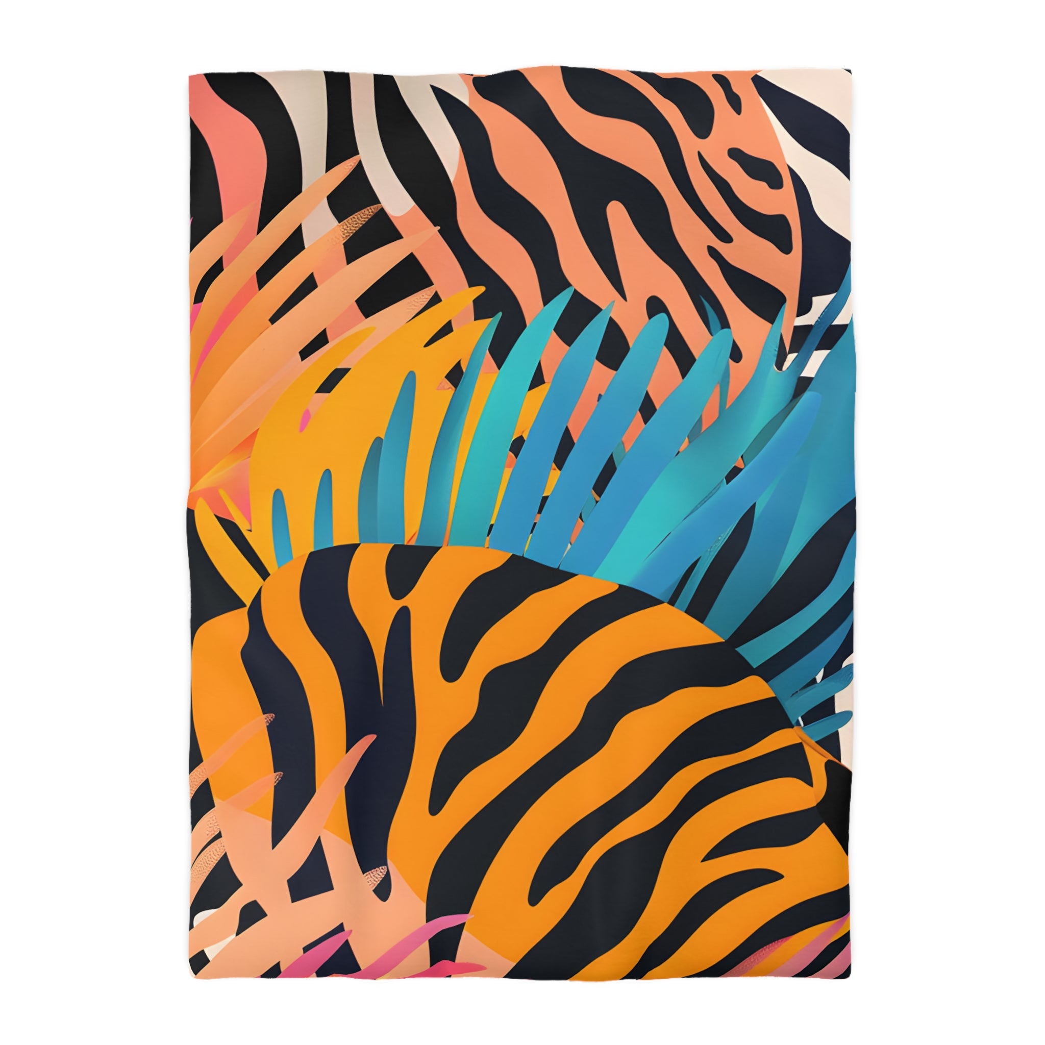 Palm Leaves x Zebra Stripes x  Tiger Stripes Orange and Blue  Microfiber Duvet Cover, Artsulli - Art is Long, Life is Short, Home Decor, Size, Twin XL, Color, White, , , 89776028807073