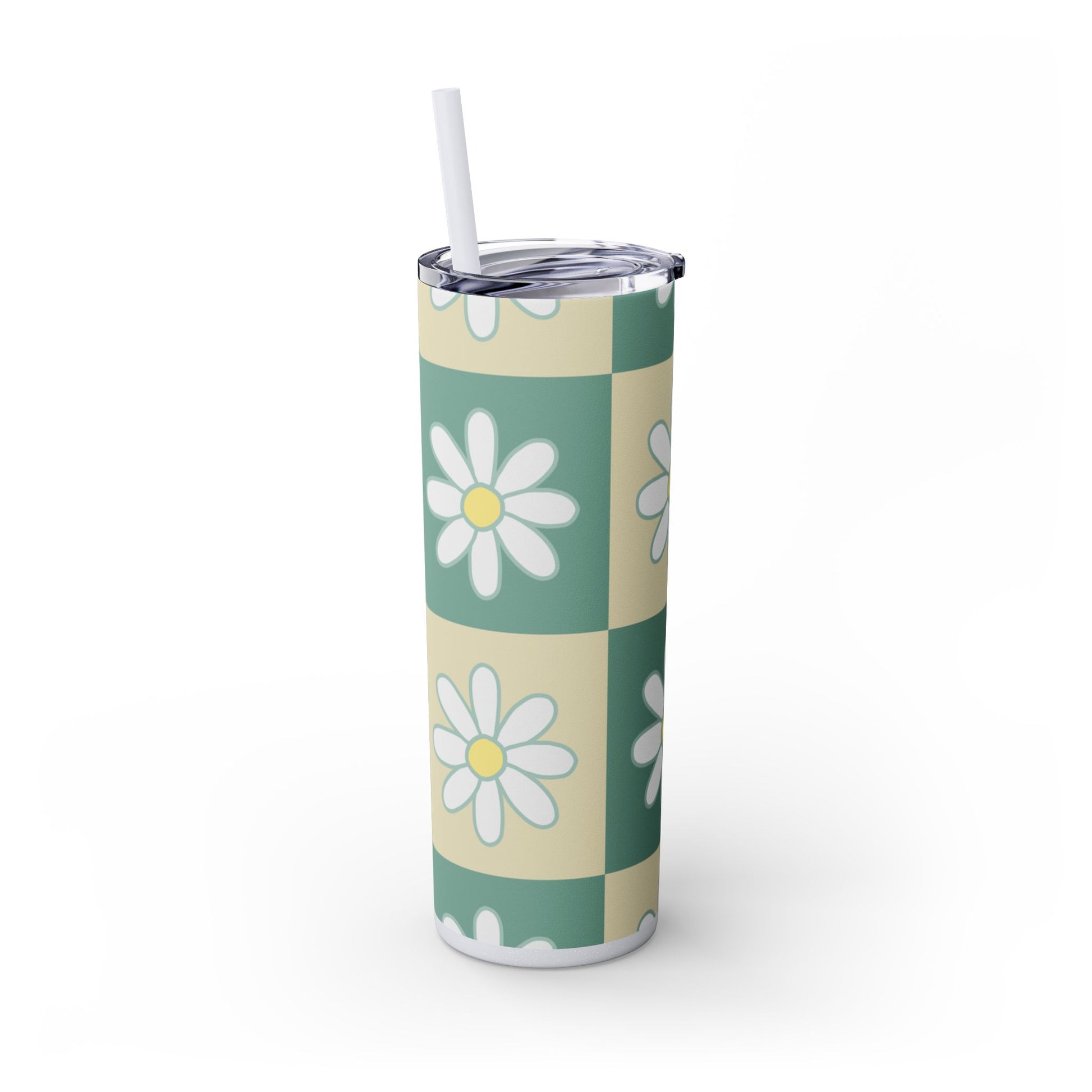 Retro Daisy Checkerboard Green and Tan Skinny Tumbler with Straw, 20oz, Artsulli - Art is Long, Life is Short, Mug, , , , , , , 