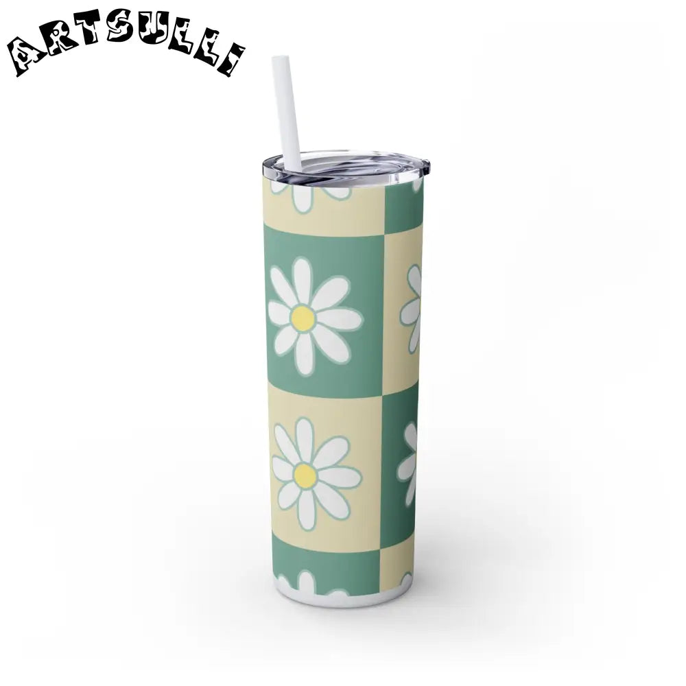 JAKKOUTTHEBXX Retro Daisy Checkerboard Green and Tan Skinny Tumbler