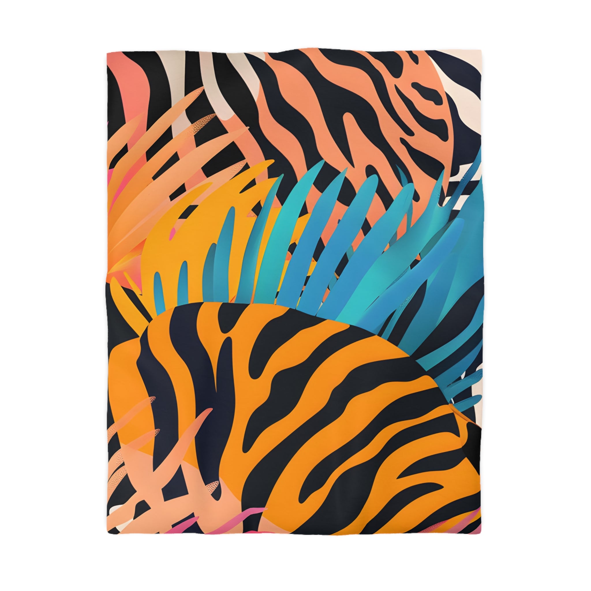 Palm Leaves x Zebra Stripes x  Tiger Stripes Orange and Blue  Microfiber Duvet Cover, Artsulli - Art is Long, Life is Short, Home Decor, Size, Twin, Color, Cream, , , 89808169599194