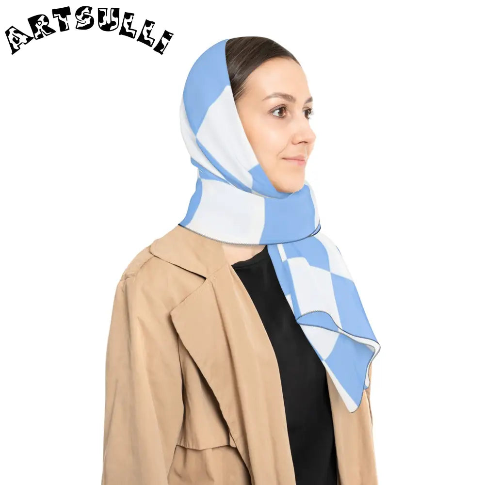 JAKKOUTTHEBXX Checkerboard White and Light Blue Poly Scarf