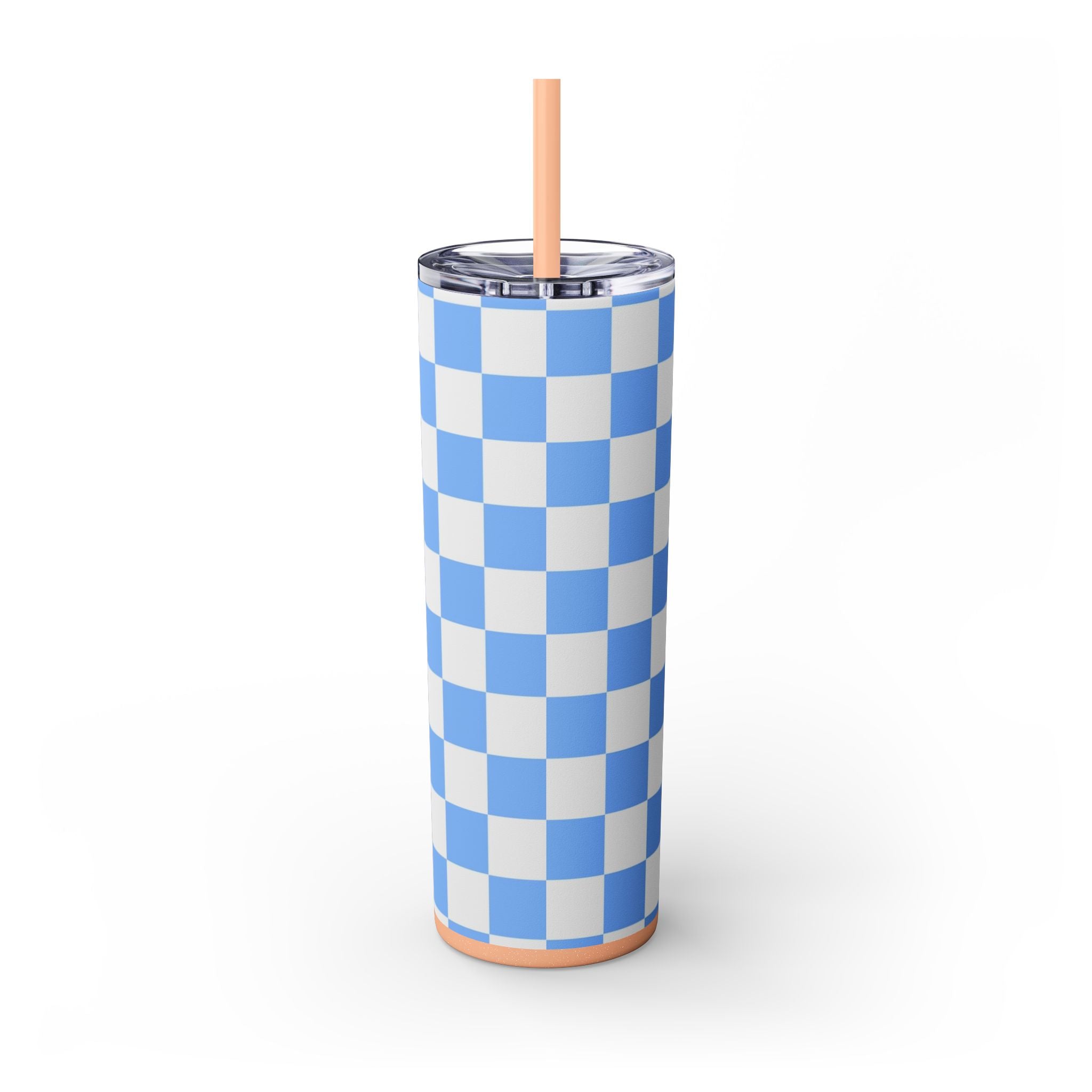 Checkerboard White and Light Blue Skinny Tumbler with Straw, 20oz, Artsulli - Art is Long, Life is Short, Mug, , , , , , , 