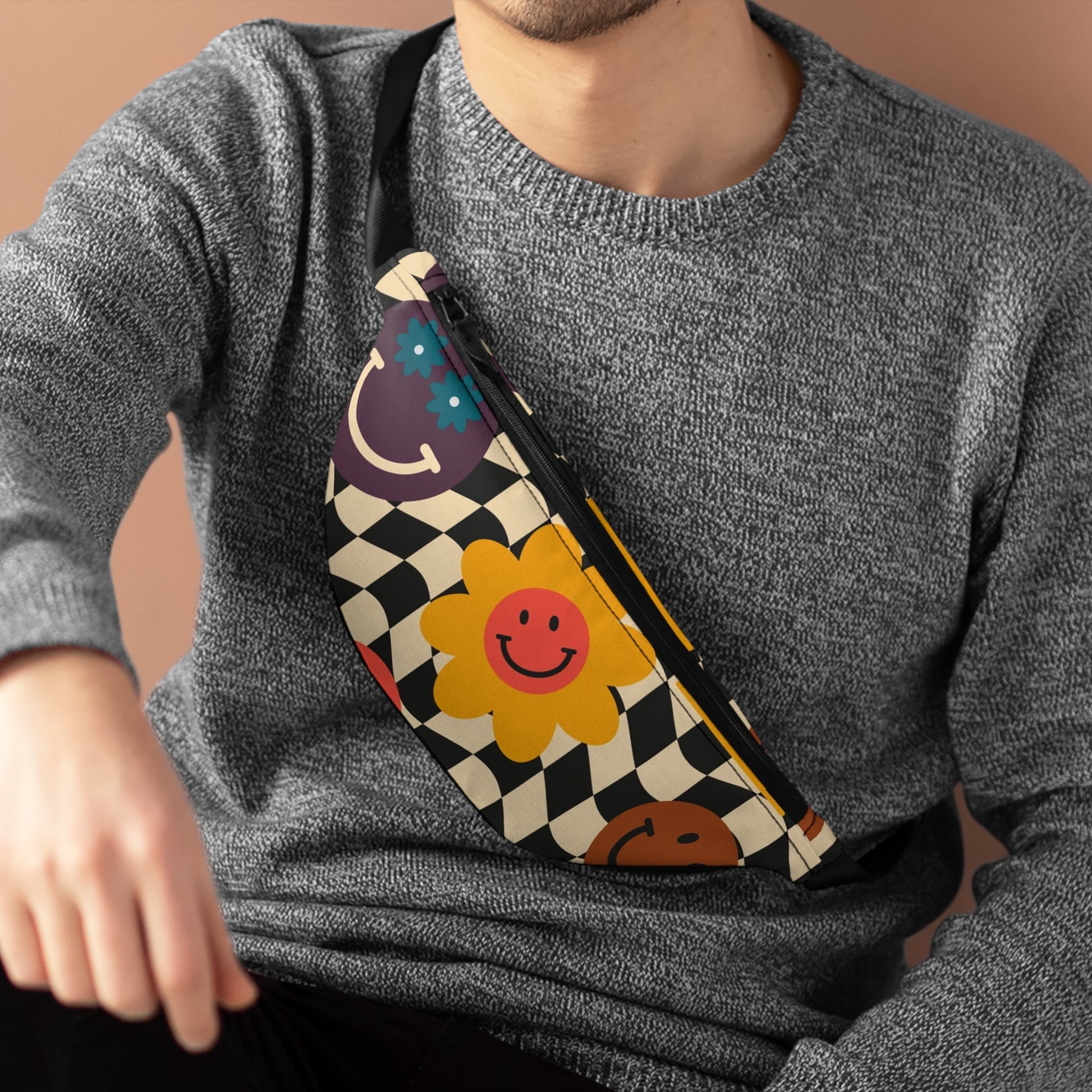 Trippy x Wavy Checkerboard x Smiley Face x Rainbow x Flowers Multi-Color Fanny Pack, Artsulli - Art is Long, Life is Short, Bags, , , , , , , 