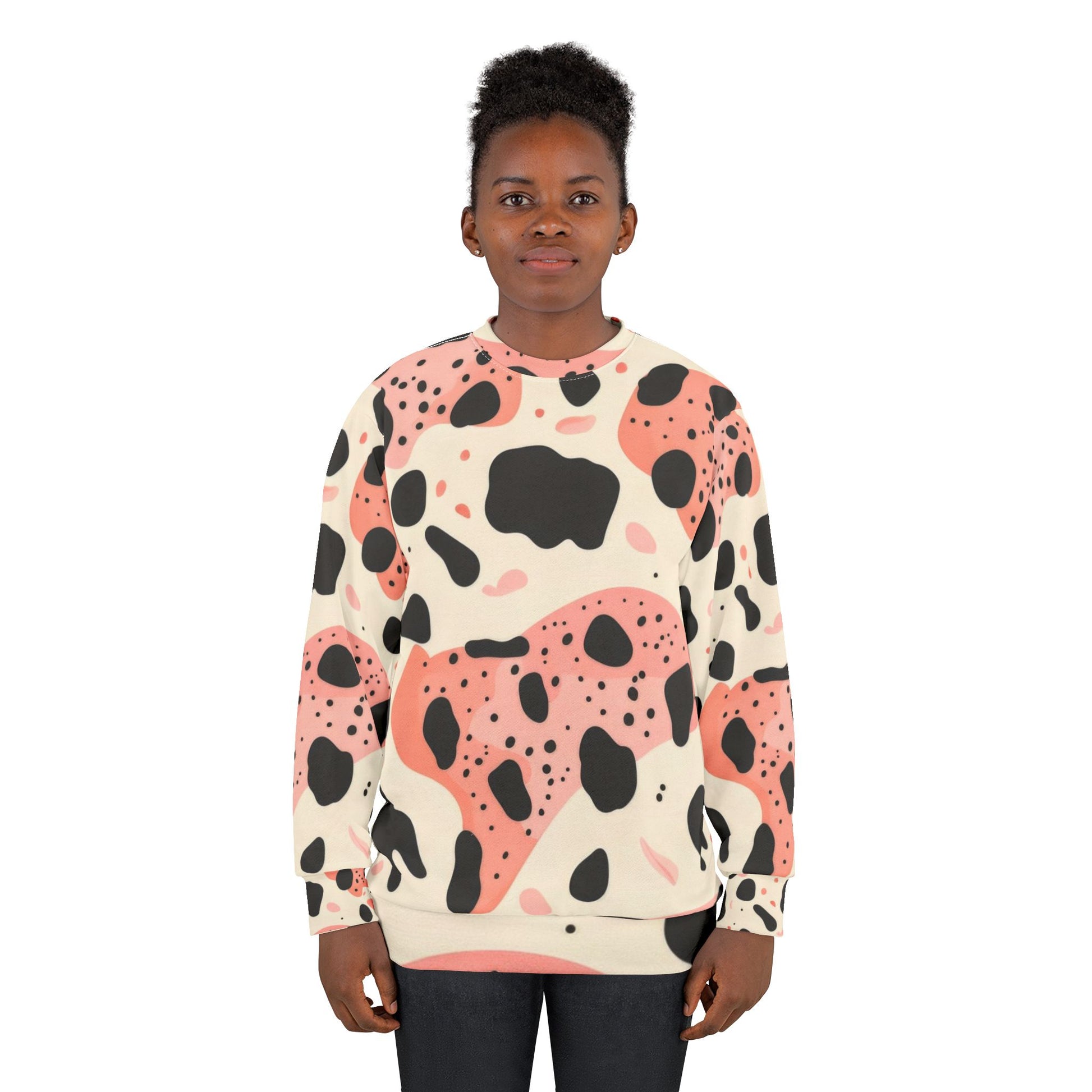 Organic Cow Print Cream and Pink Unisex Sweatshirt (AOP), Artsulli - Art is Long, Life is Short, All Over Prints, , , , , , , 