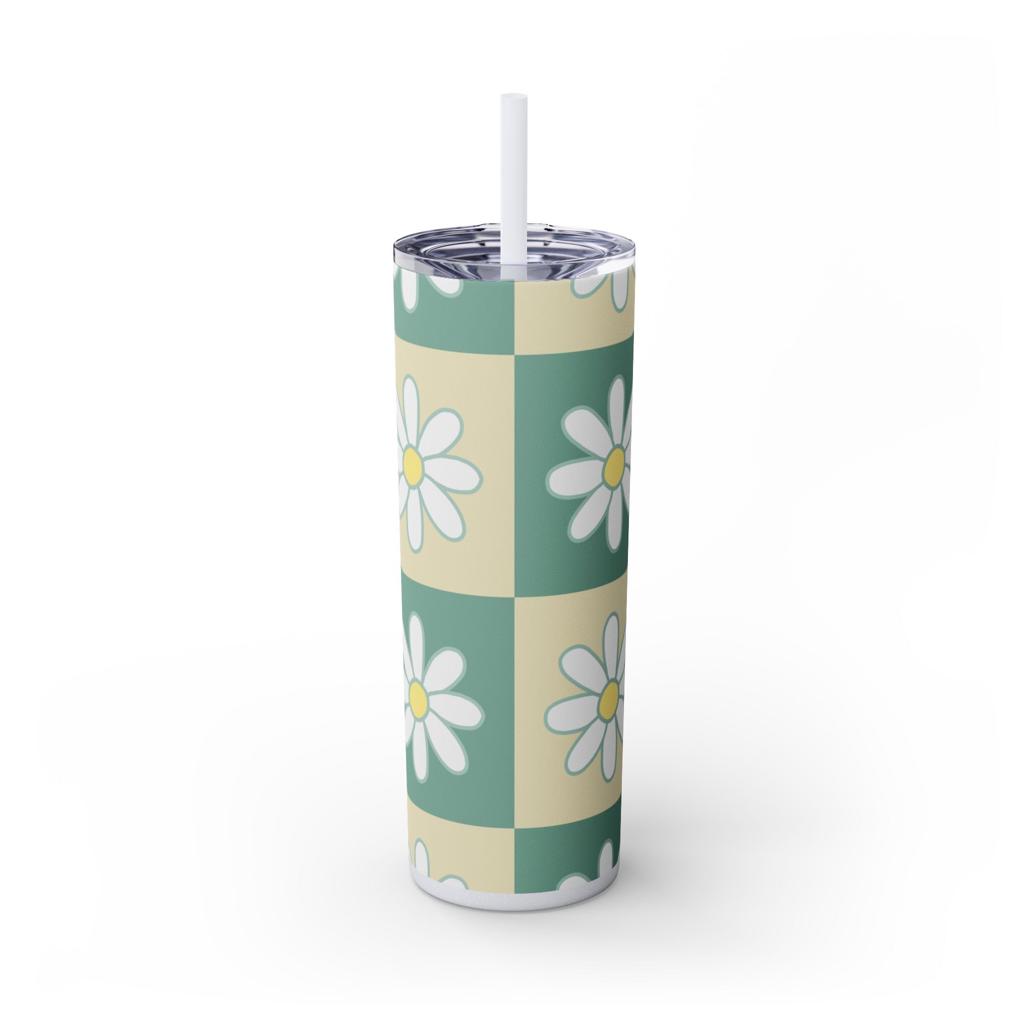 Retro Daisy Checkerboard Green and Tan Skinny Tumbler with Straw, 20oz, Artsulli - Art is Long, Life is Short, Mug, Finish, Glossy, Color, Glitter Iceberg, Size, 20oz, 43847336537457496070