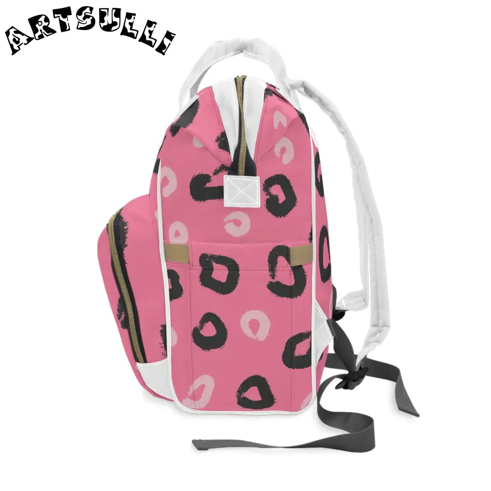 JAKKOUTTHEBXX Pink Leopard Print Diaper Backpack with White Straps and Trim 2025