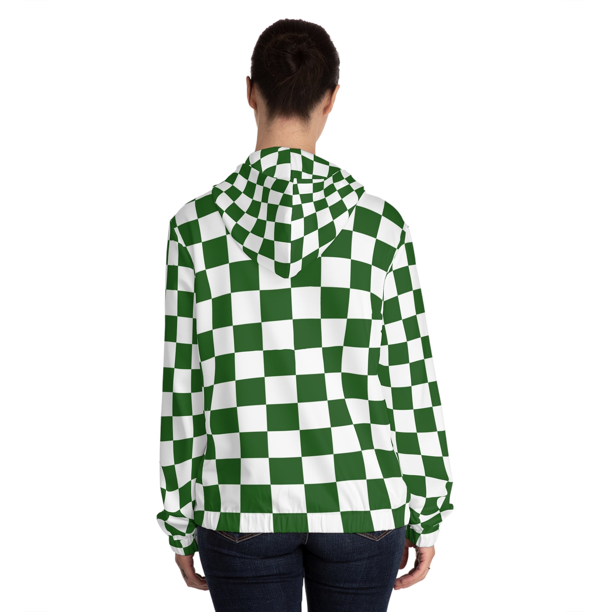 Checkerboard White and Dark Green Women’s Full-Zip Hoodie (AOP), Artsulli - Art is Long, Life is Short, All Over Prints, , , , , , , 