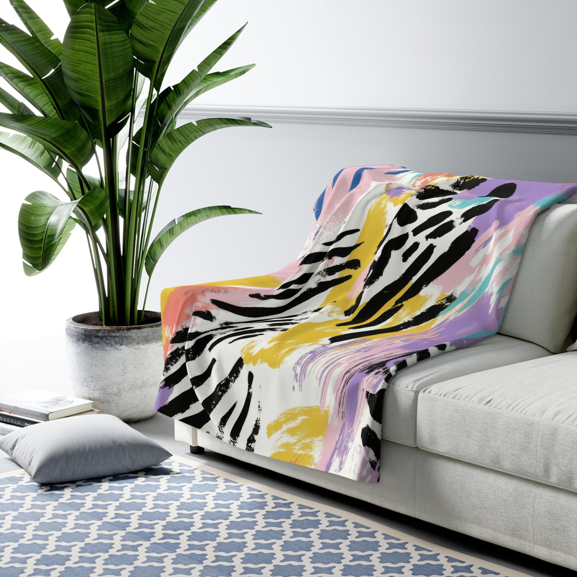 Wild Zebra Stripes x Paint Brush Strokes Multi-Color II Sherpa Fleece Blanket, Artsulli - Art is Long, Life is Short, Home Decor, , , , , , , 