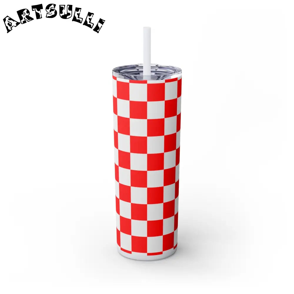JAKKOUTTHEBXX Checkerboard Red and White Skinny Tumbler with Straw