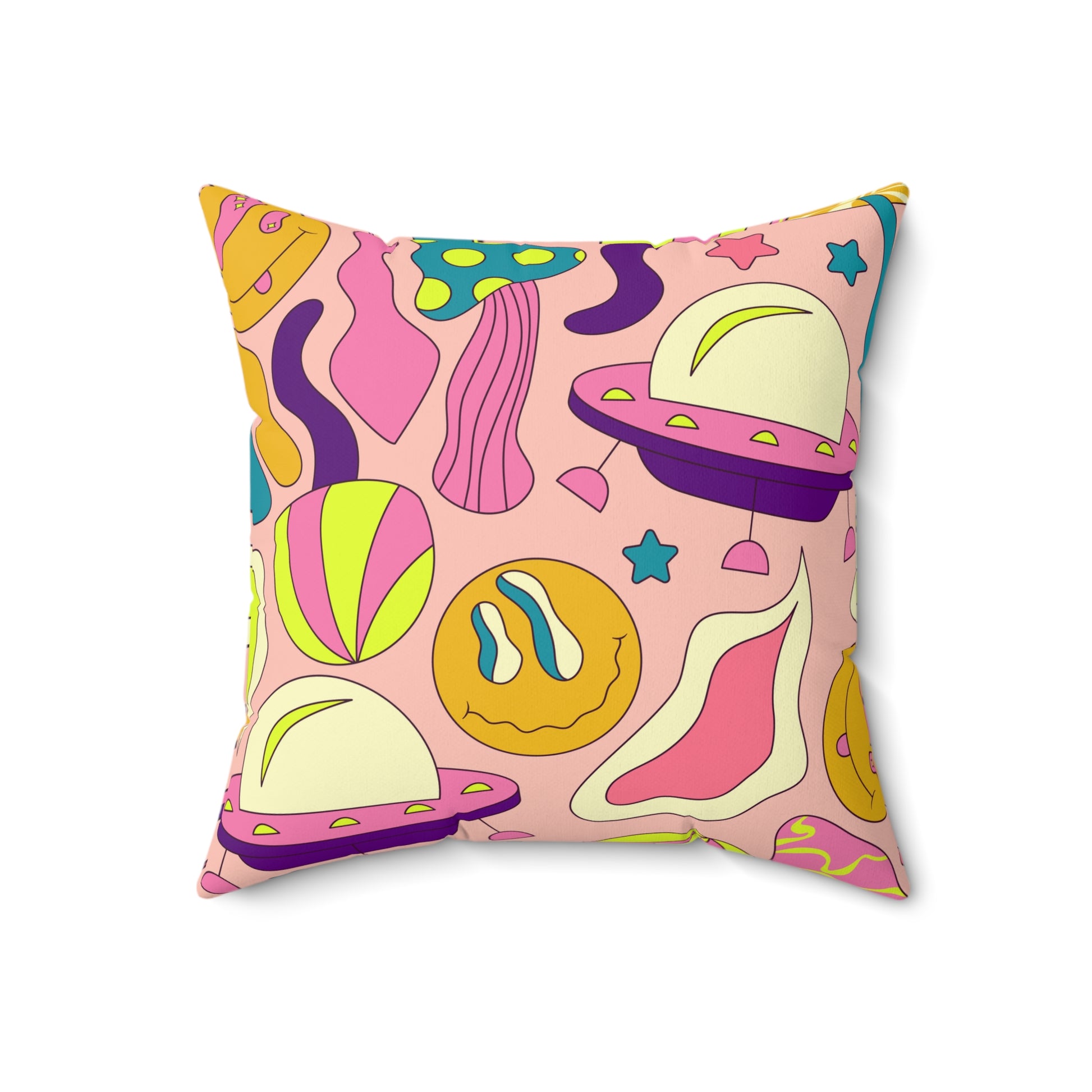Trippy Spaceships Pink Spun Polyester Square Pillow, Artsulli - Art is Long, Life is Short, Home Decor, , , , , , , 