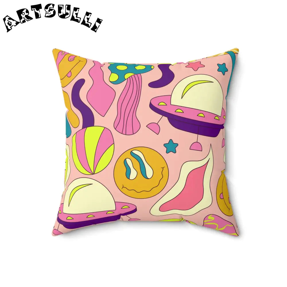 JAKKOUTTHEBXX Trippy Spaceships Pink Spun Polyester Square Pillow