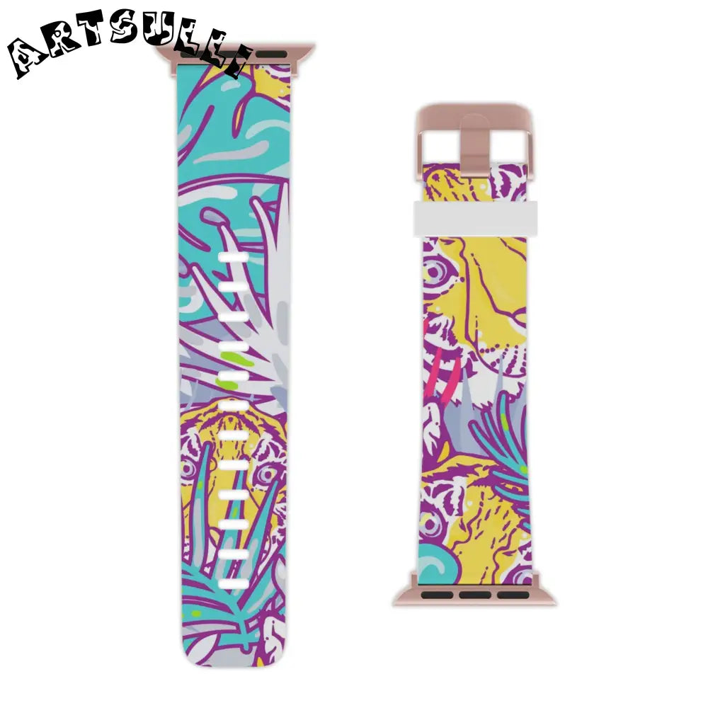 JAKKOUTTHEBXX Tropical Floral Tigers Torquise and Purple Watch Band