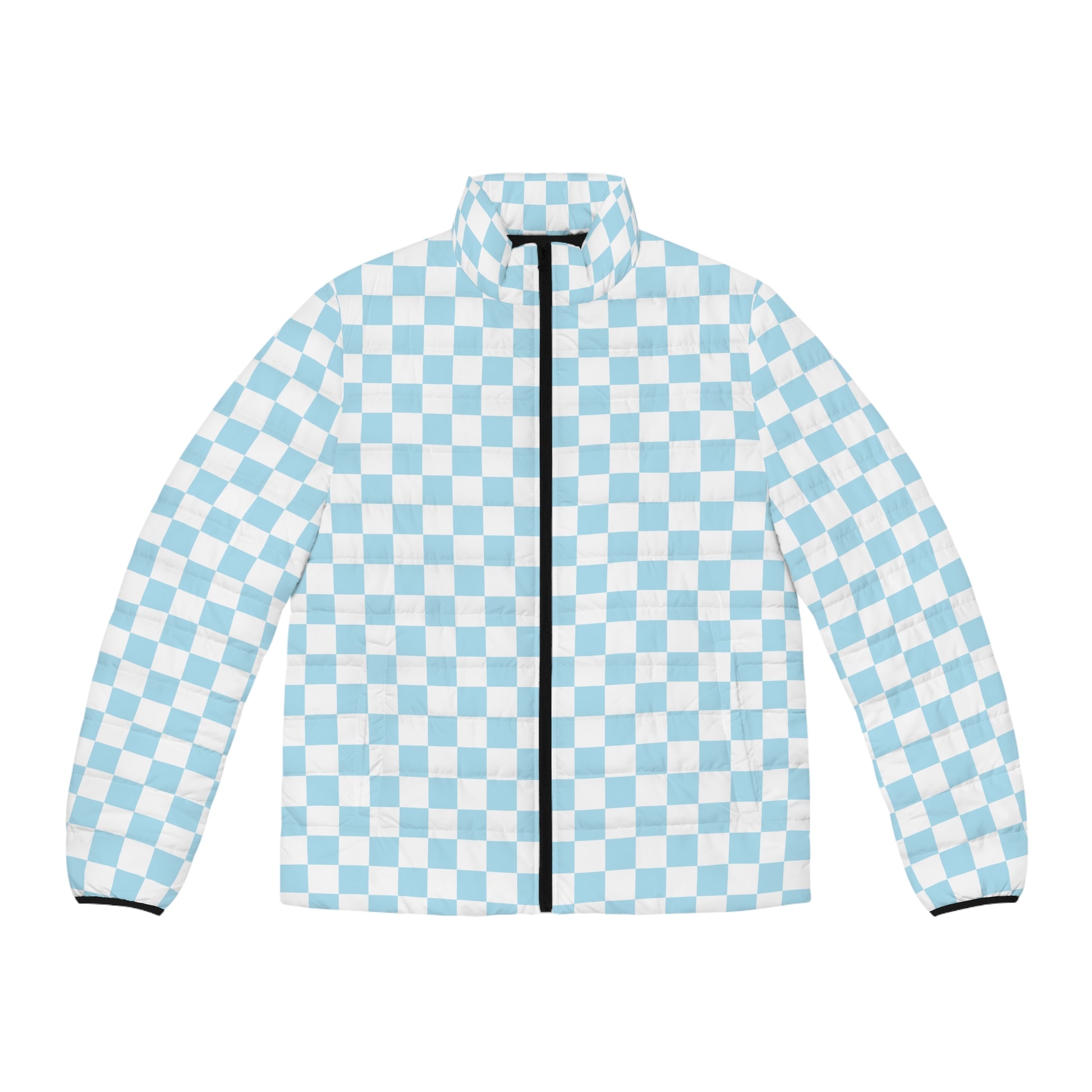 Checkerboard Sky Blue Men's Puffer Jacket (AOP), Artsulli - Art is Long, Life is Short, All Over Prints, Size, S, Color, Black zipper, , , 31536170881967857261