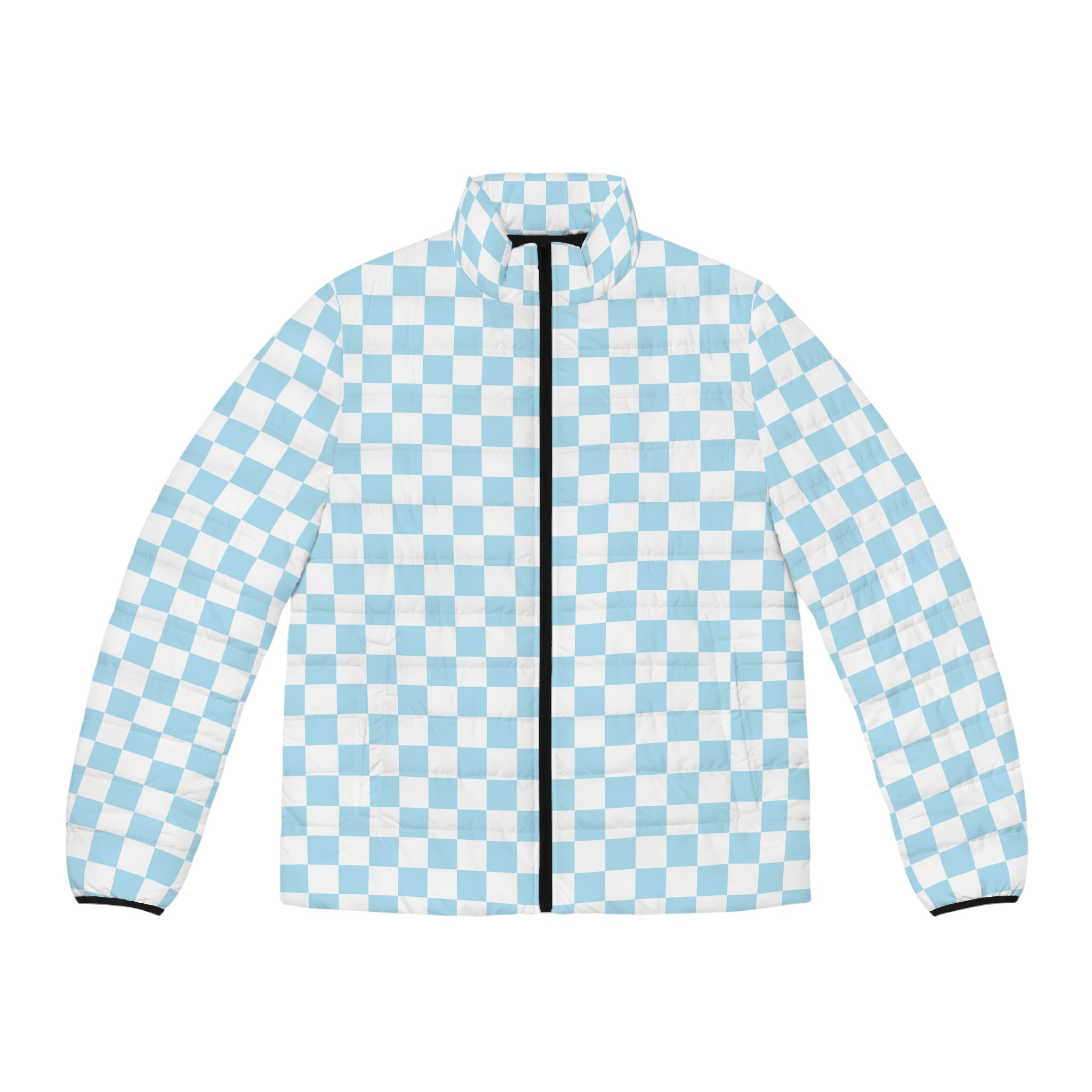 Checkerboard Sky Blue Men's Puffer Jacket (AOP), Artsulli - Art is Long, Life is Short, All Over Prints, Size, S, Color, Black zipper, , , 31536170881967857261