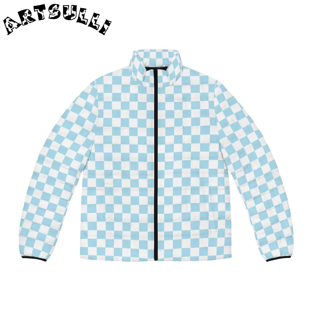 JAKKOUTTHEBXX Checkerboard Sky Blue Men’s Puffer Jacket (AOP)