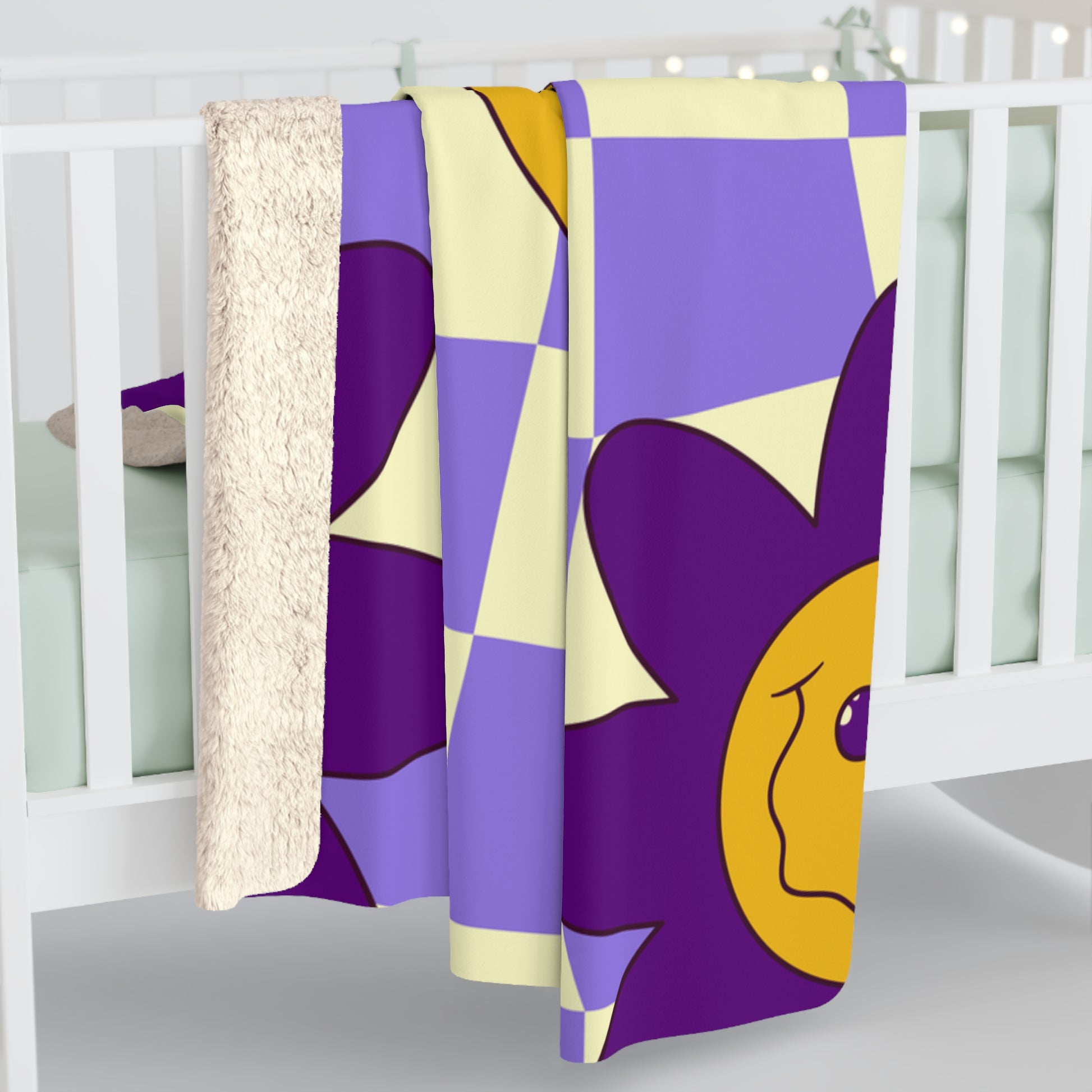Trippy Flower Power Motifs Purple Sherpa Fleece Blanket, Artsulli - Art is Long, Life is Short, Home Decor, , , , , , , 