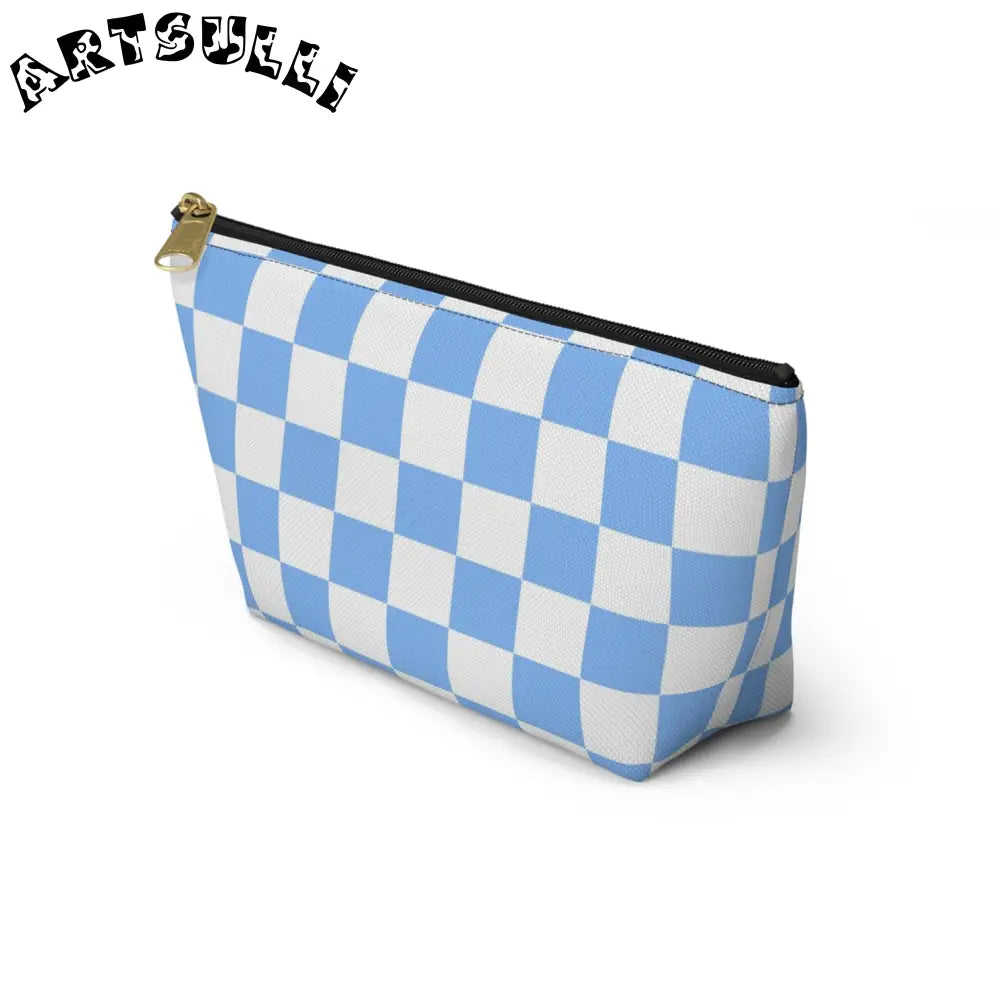 JAKKOUTTHEBXX Checkerboard White and Light Blue Accessory Pouch w