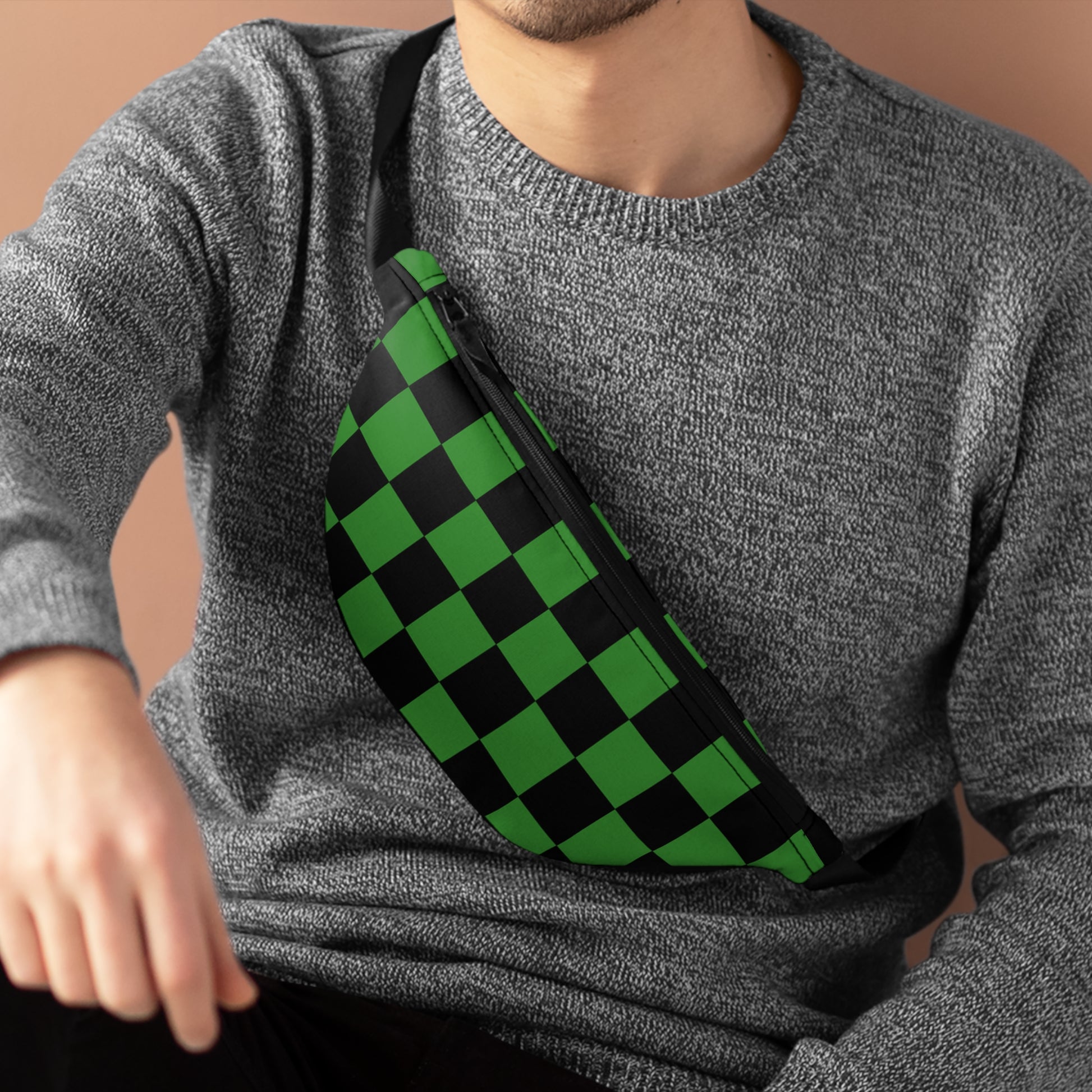 Checkerboard Green and Black Fanny Pack, Artsulli - Art is Long, Life is Short, Bags, , , , , , , 