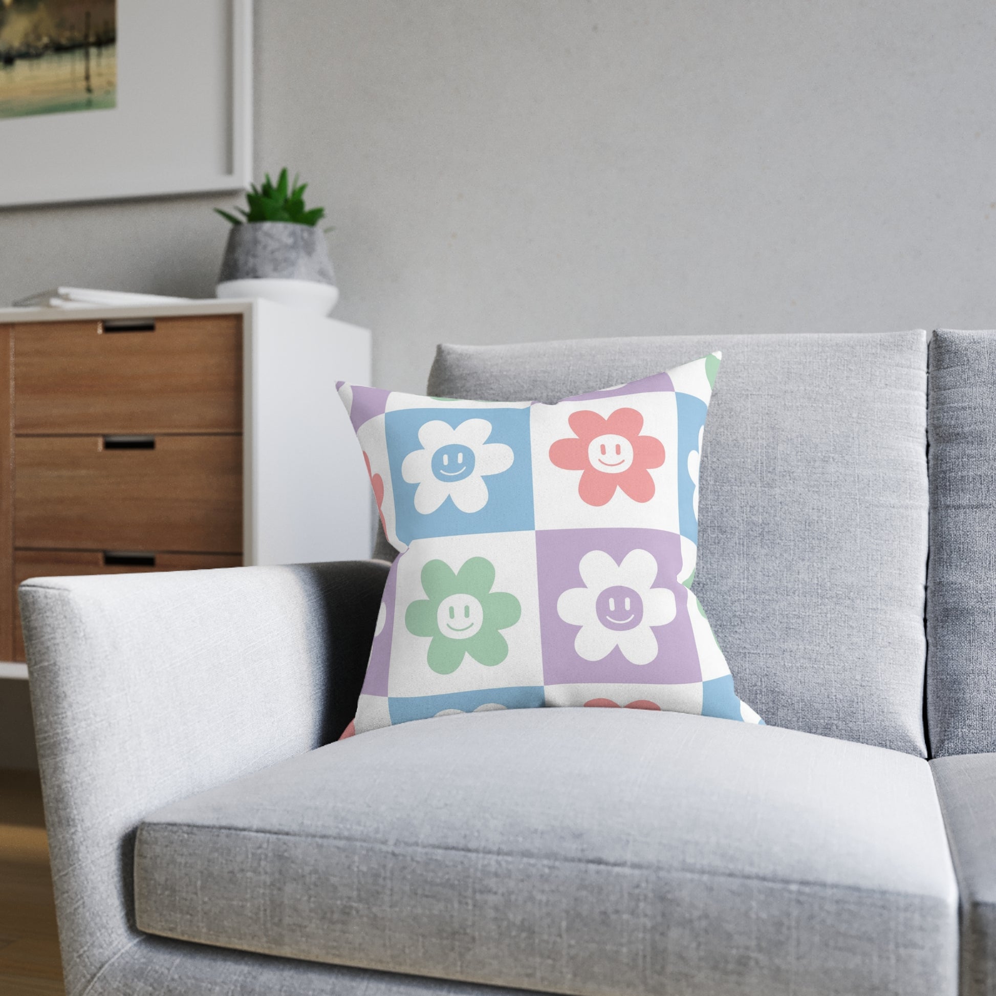 Chessboard x Smiley Face Flowers Multi-Color Square Pillow - Pink Back, Artsulli - Art is Long, Life is Short, Home Decor, , , , , , , 