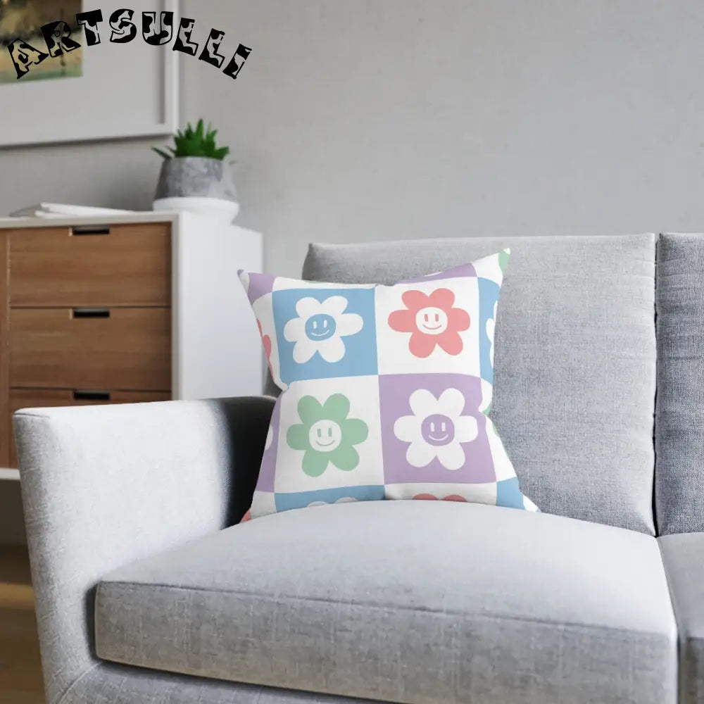 JAKKOUTTHEBXX Smiling Flower Checkered Faux Suede Square Pillow 2025