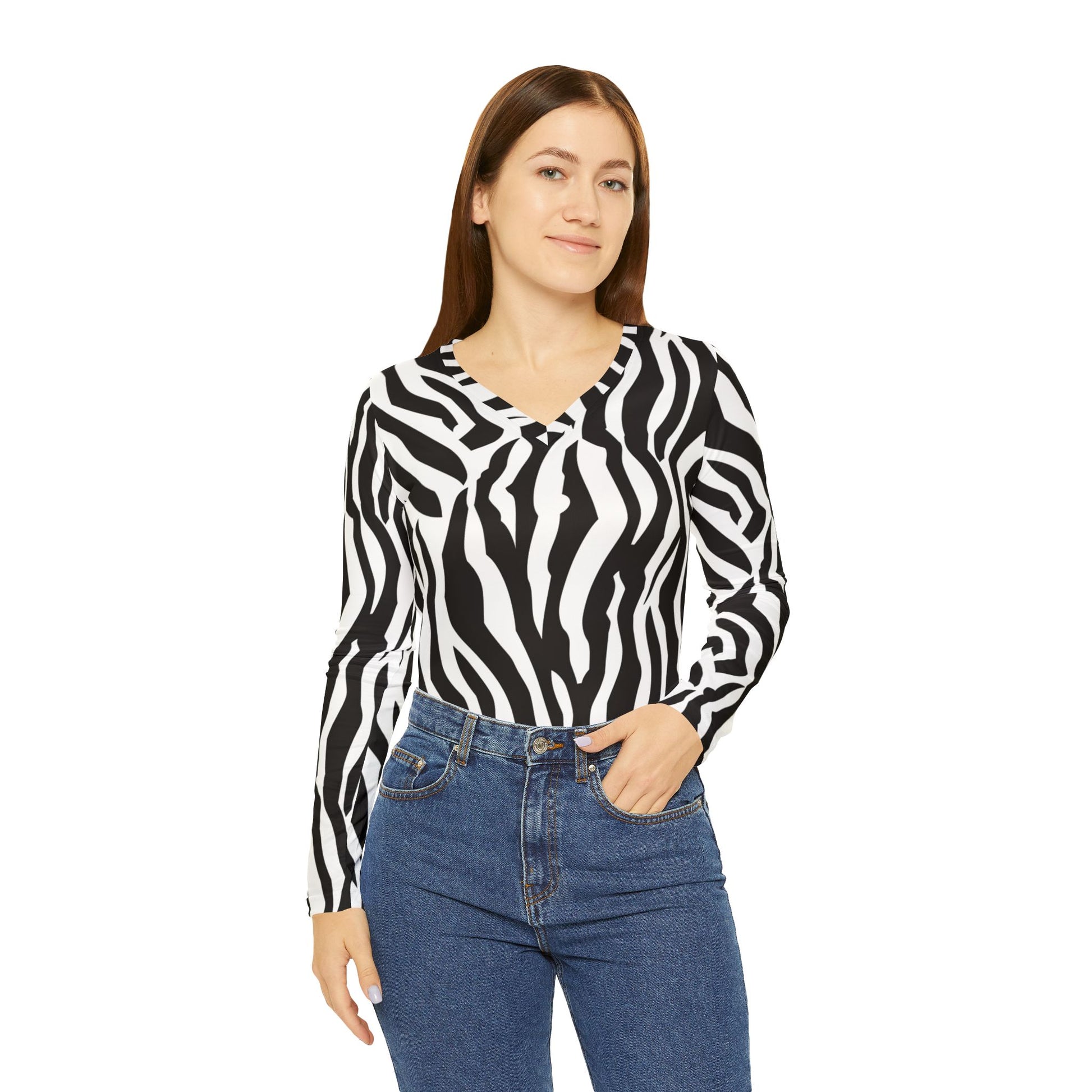 Black  White Drag Zebra Fabric Women's Long Sleeve V-neck Shirt (AOP), Artsulli - Art is Long, Life is Short, All Over Prints, , , , , , , 