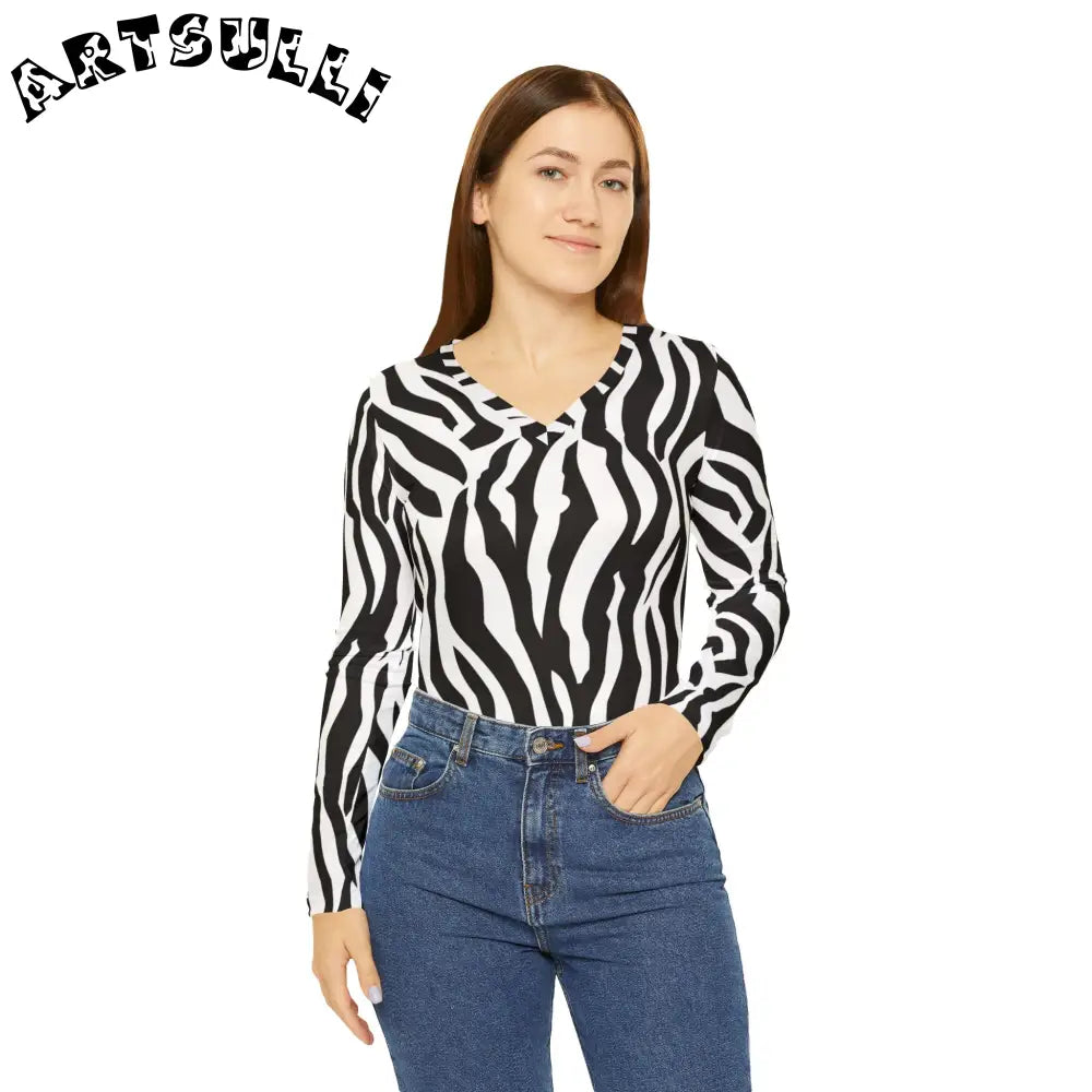 JAKKOUTTHEBXX Black and White Zebra Print V Neck Long Sleeve Shirt