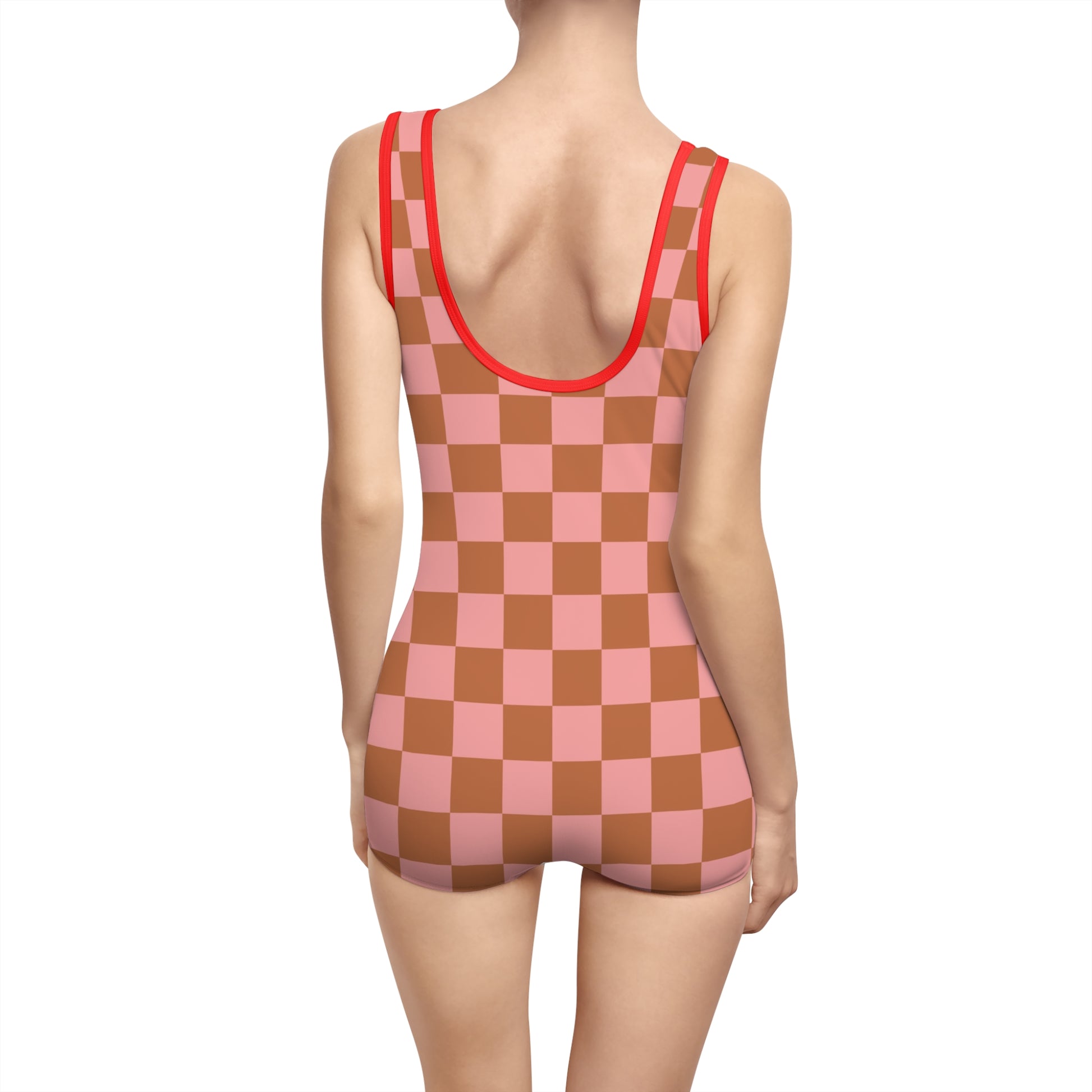 Chessboard Pink and Brown Women's Vintage Swimsuit (AOP), Artsulli - Art is Long, Life is Short, All Over Prints, , , , , , , 