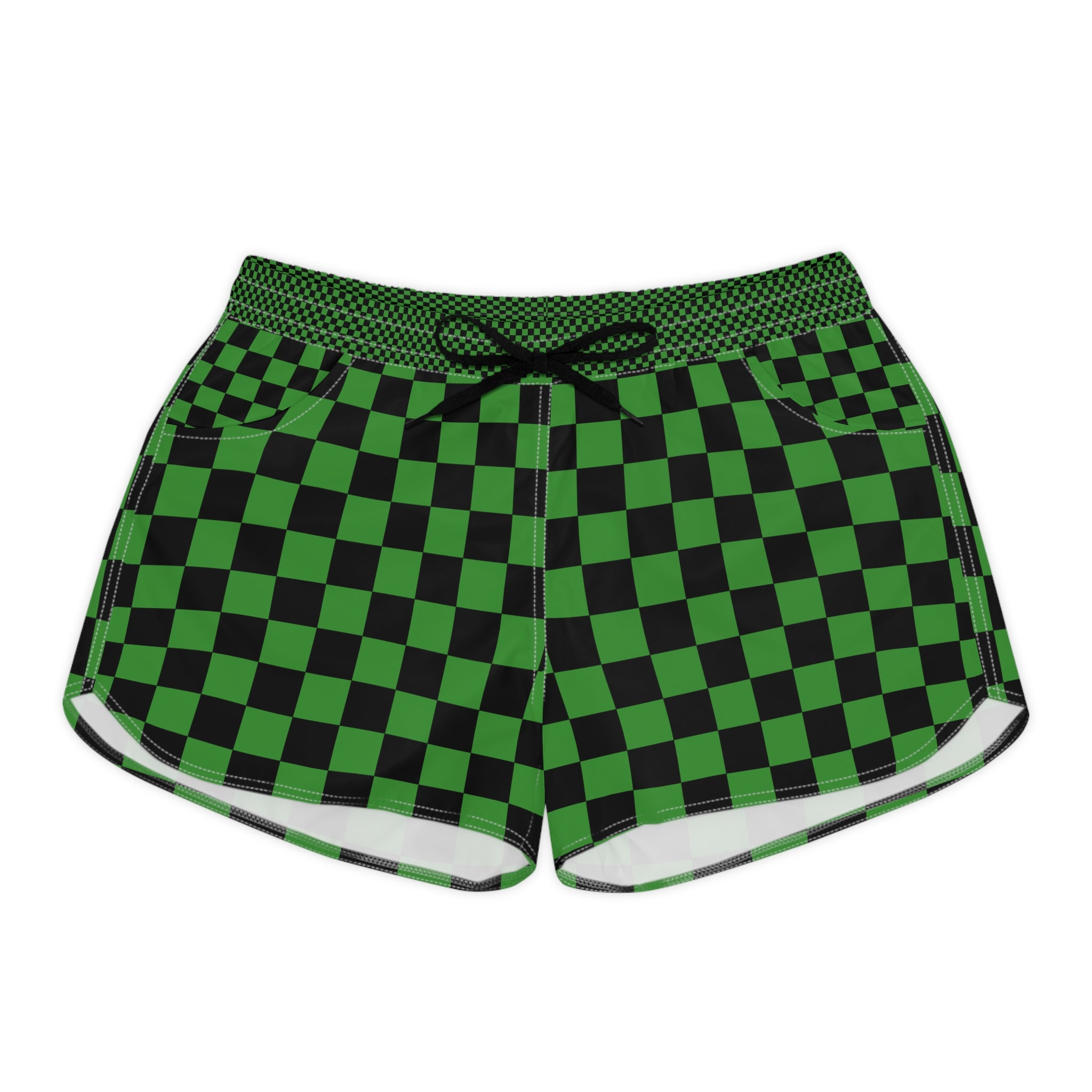 Checkerboard Green and Black Women's Casual Shorts (AOP), Artsulli - Art is Long, Life is Short, All Over Prints, Size, S, Color, Black drawstring, , , 28892879811523274937