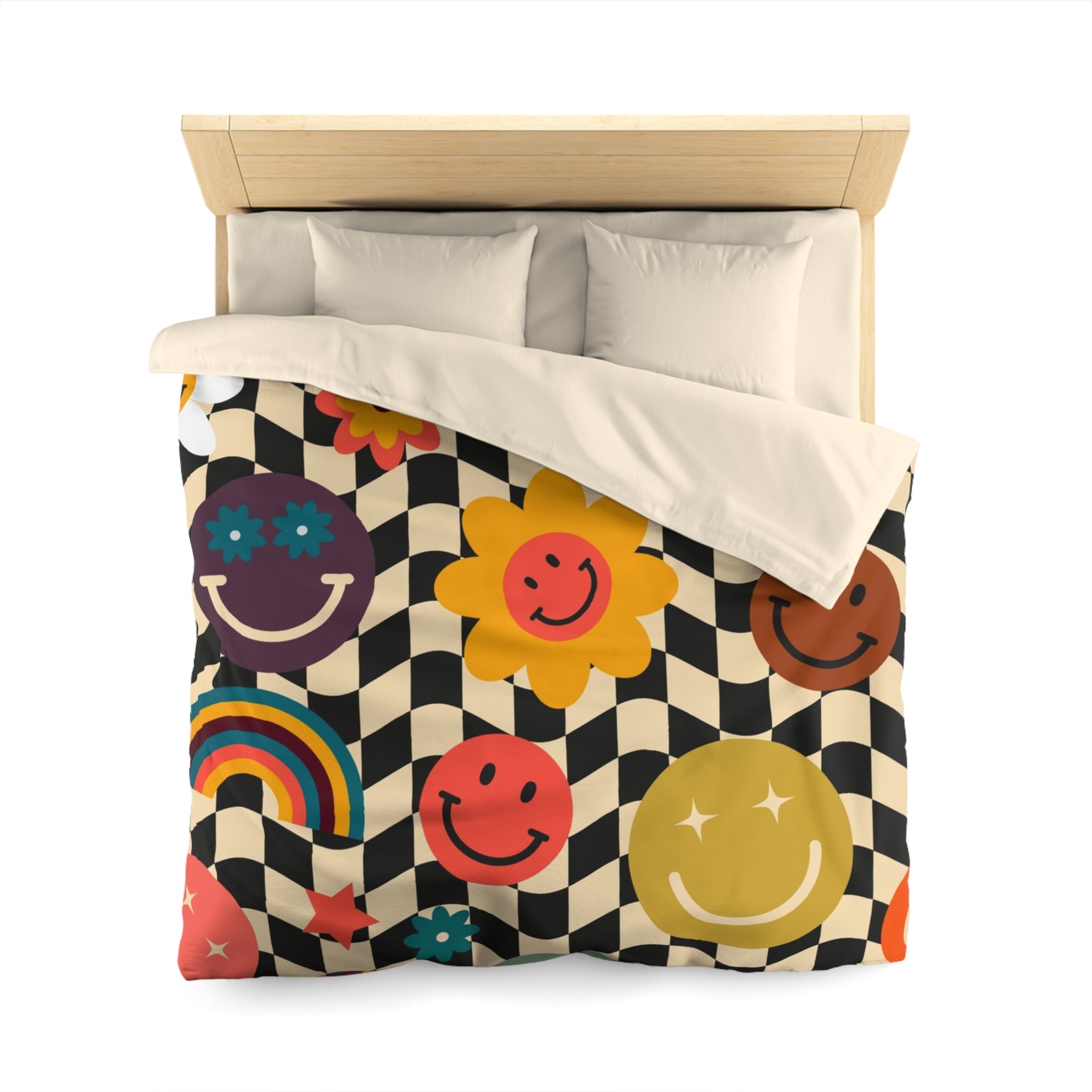 Trippy x Wavy Checkerboard x Smiley Face x Rainbow x Flowers Multi-Color Microfiber Duvet Cover, Artsulli - Art is Long, Life is Short, Home Decor, , , , , , , 
